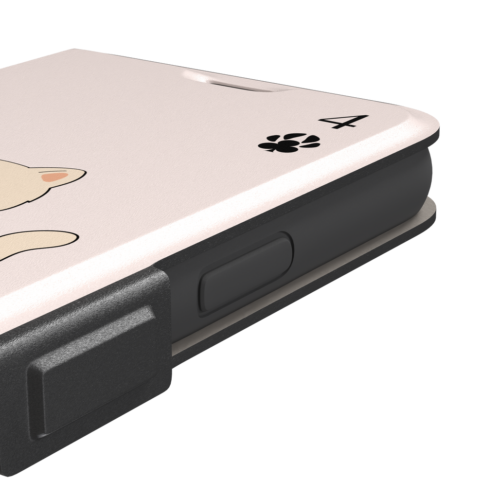 Four of Clubs phone case in blush pink with a kawaii kitten sitting on a grid of club suit symbols and a numeral four in each corner, phone case by Caselier — wallet case, volume buttons detail