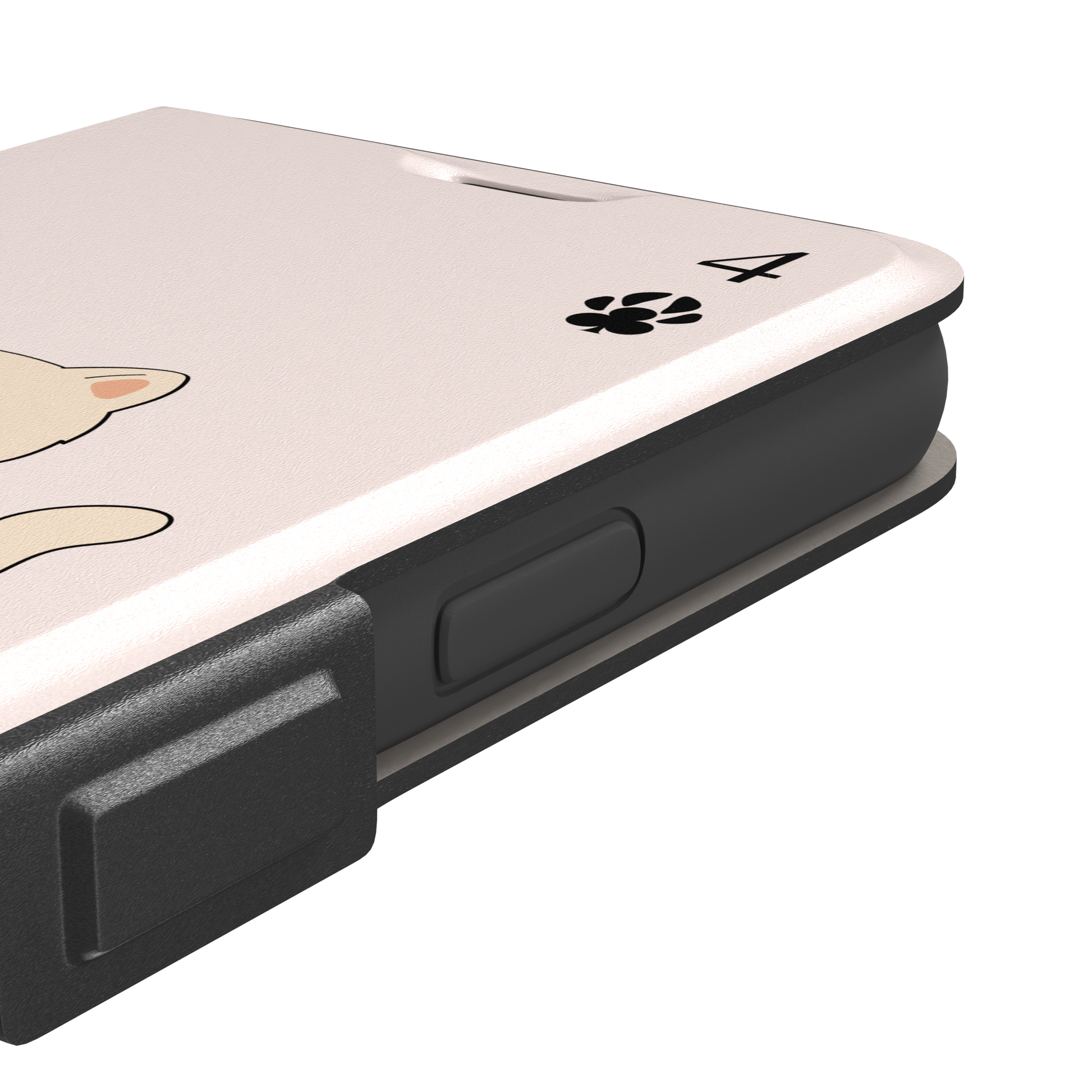 Four of Clubs phone case in blush pink with a kawaii kitten sitting on a grid of club suit symbols and a numeral four in each corner, phone case by Caselier — wallet case, volume buttons detail