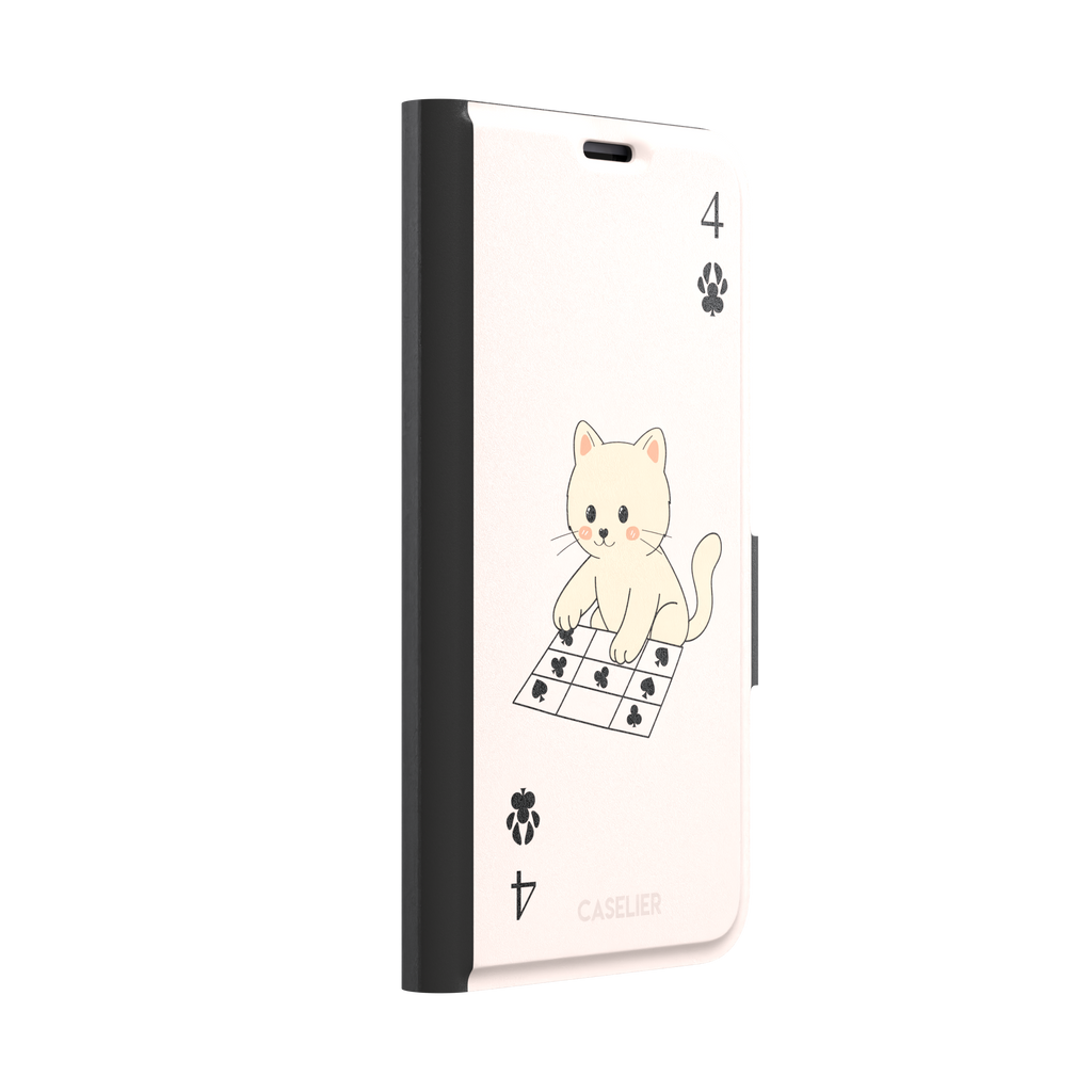 Four of Clubs phone case in blush pink with a kawaii kitten sitting on a grid of club suit symbols and a numeral four in each corner, phone case by Caselier — wallet case, left view