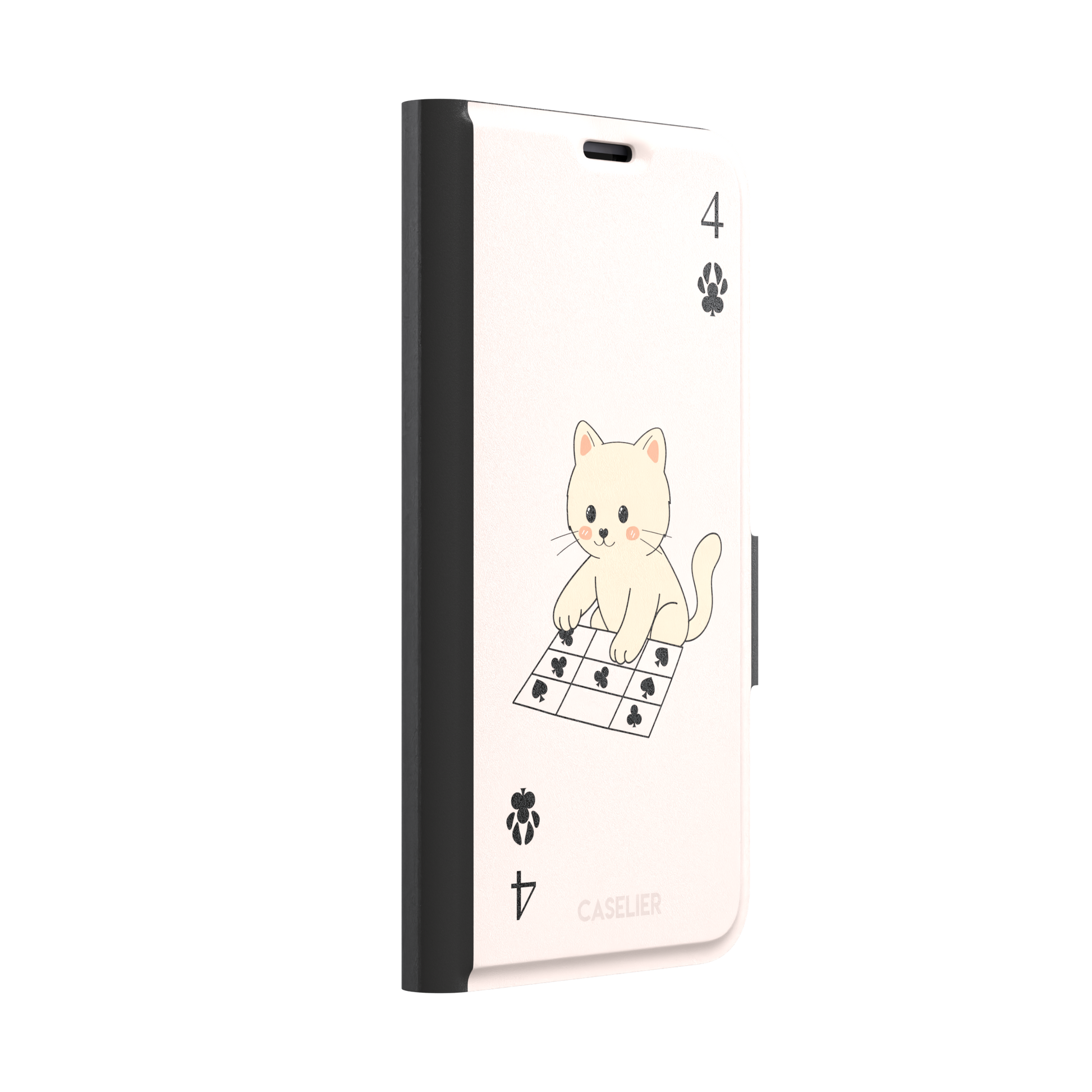 Four of Clubs phone case in blush pink with a kawaii kitten sitting on a grid of club suit symbols and a numeral four in each corner, phone case by Caselier — wallet case, left view