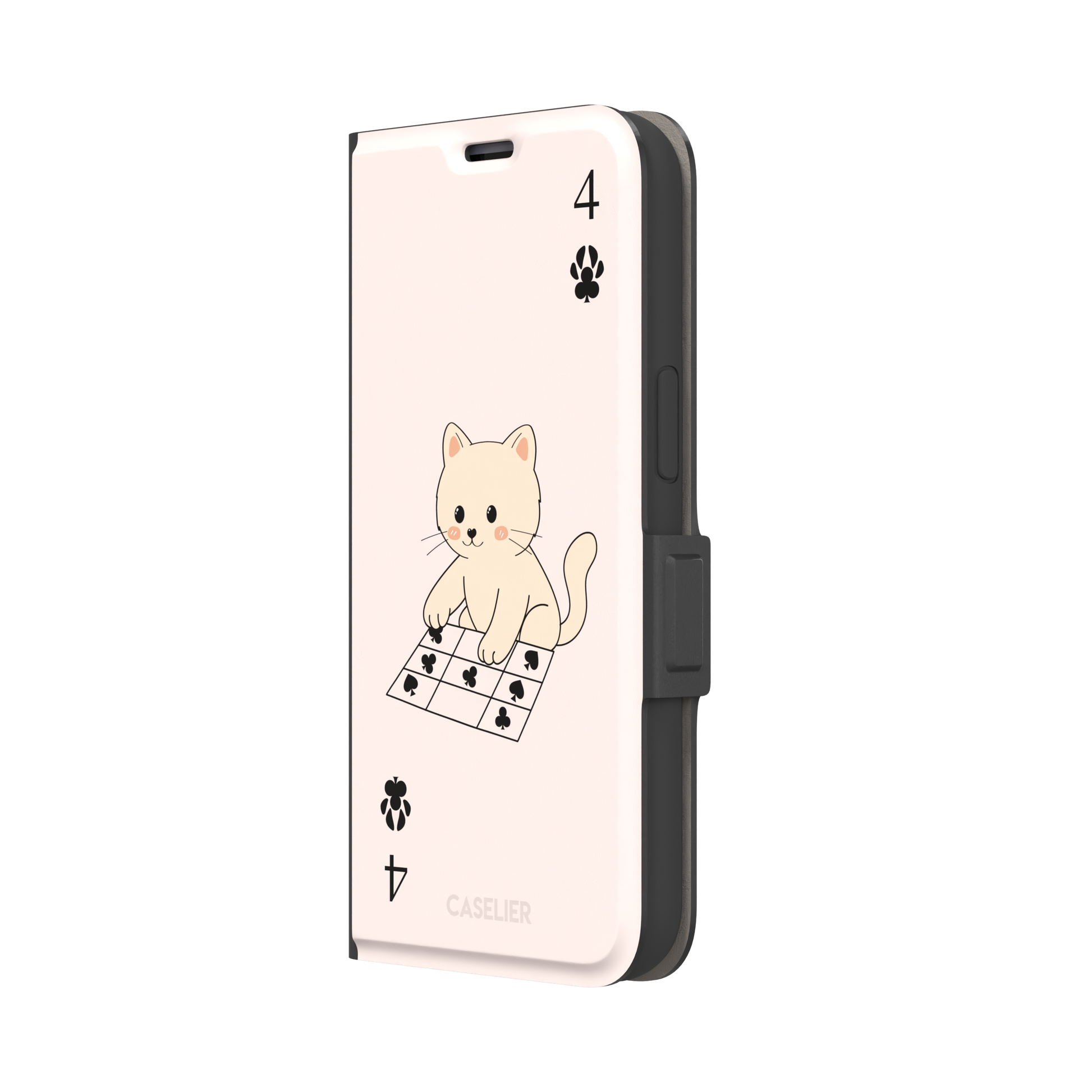 Four of Clubs phone case in blush pink with a kawaii kitten sitting on a grid of club suit symbols and a numeral four in each corner, phone case by Caselier — wallet case, right view