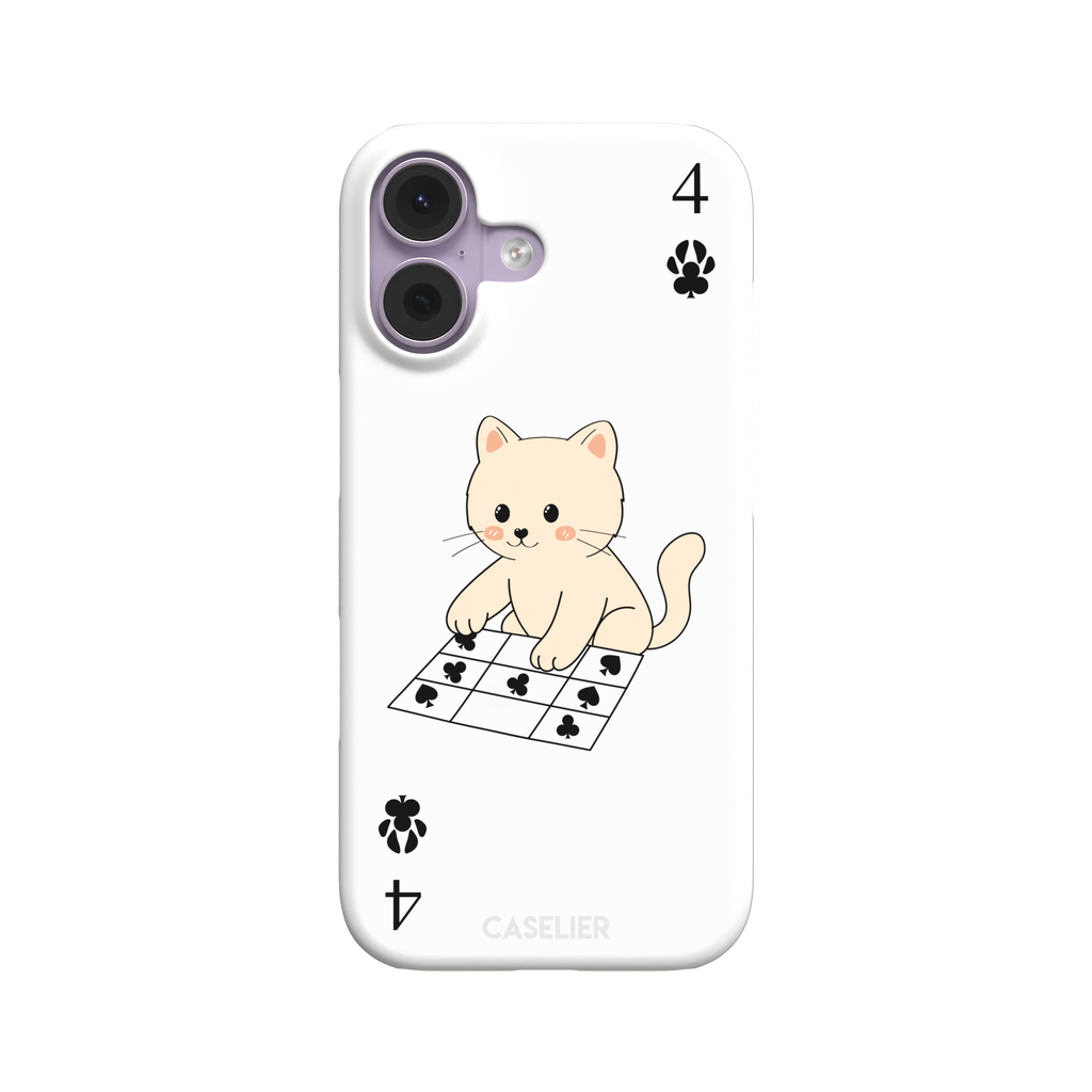 Four of Clubs phone case in white with a kawaii kitten sitting on a grid of club suit symbols and a numeral four in each corner, phone case by Caselier — snap case, front view