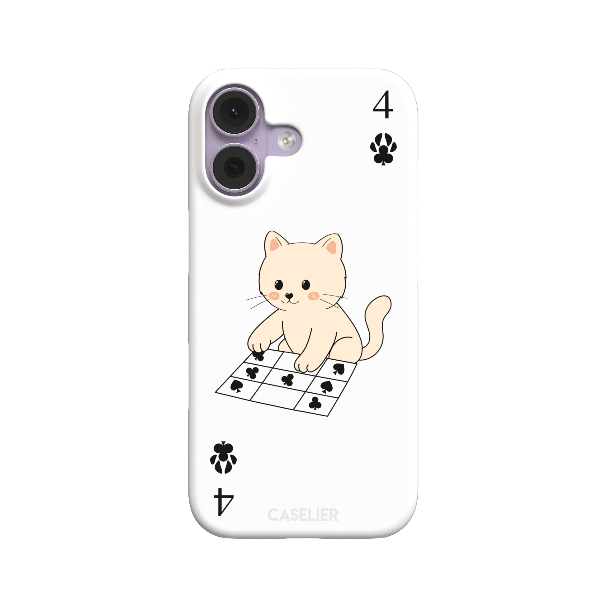Four of Clubs phone case in white with a kawaii kitten sitting on a grid of club suit symbols and a numeral four in each corner, phone case by Caselier — snap case, front view
