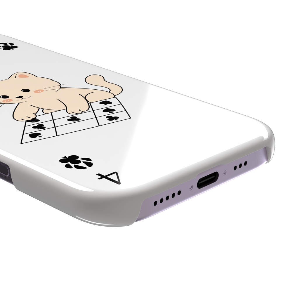 Four of Clubs phone case in white with a kawaii kitten sitting on a grid of club suit symbols and a numeral four in each corner, phone case by Caselier — snap case, charging port detail