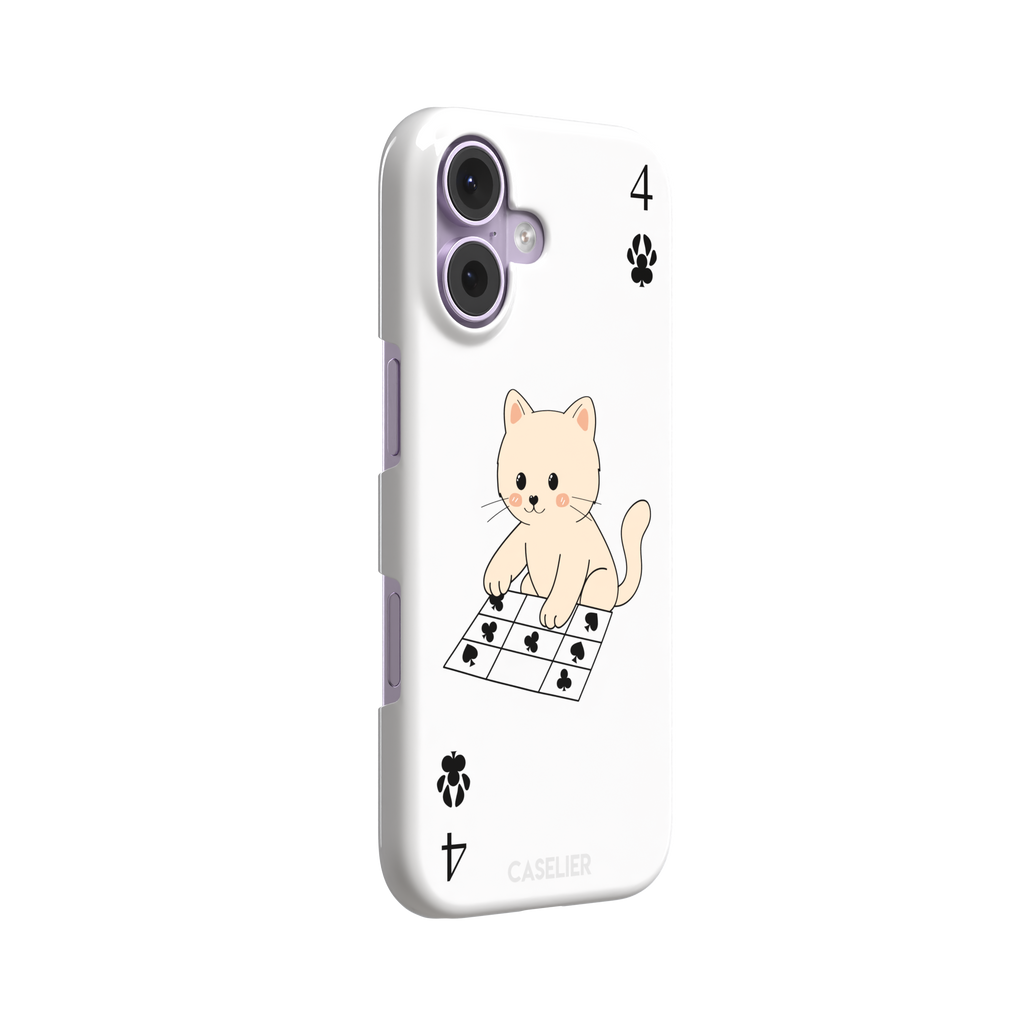 Four of Clubs phone case in white with a kawaii kitten sitting on a grid of club suit symbols and a numeral four in each corner, phone case by Caselier — snap case, left view