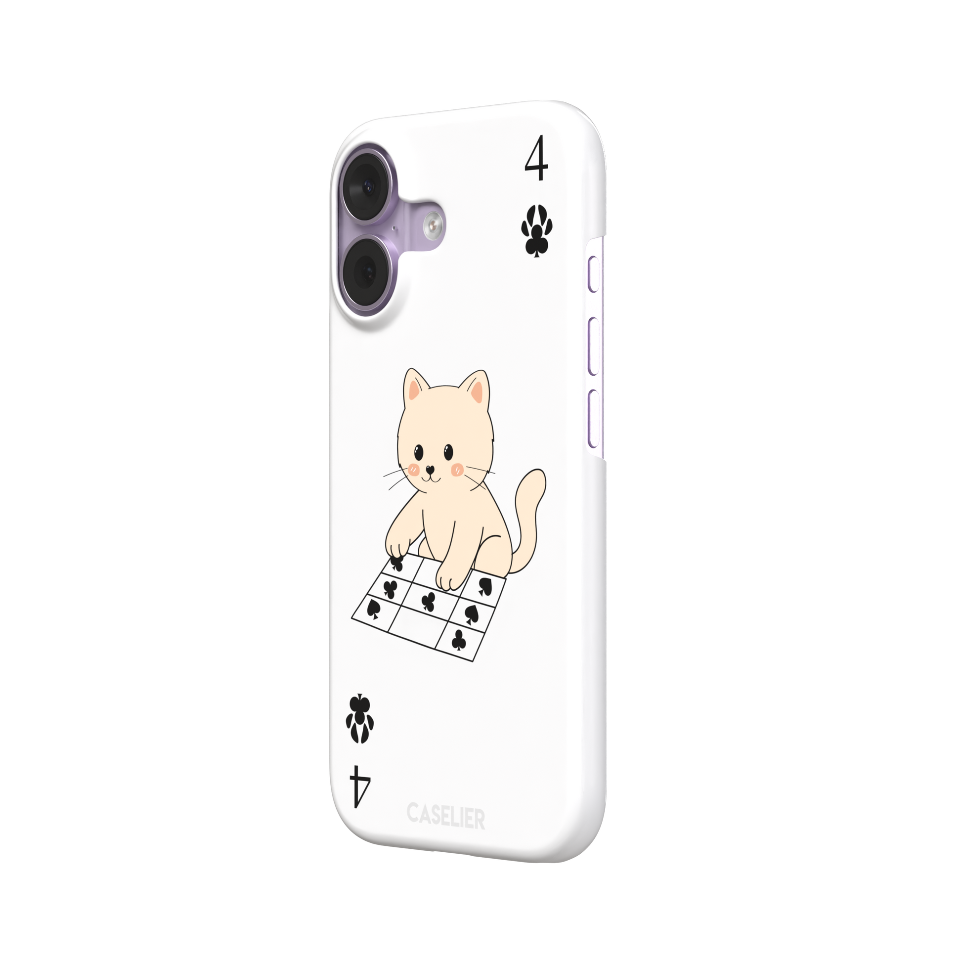 Four of Clubs phone case in white with a kawaii kitten sitting on a grid of club suit symbols and a numeral four in each corner, phone case by Caselier — snap case, right view
