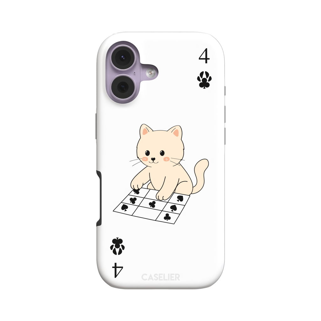 Four of Clubs phone case in white with a kawaii kitten sitting on a grid of club suit symbols and a numeral four in each corner, phone case by Caselier — tough case, front view