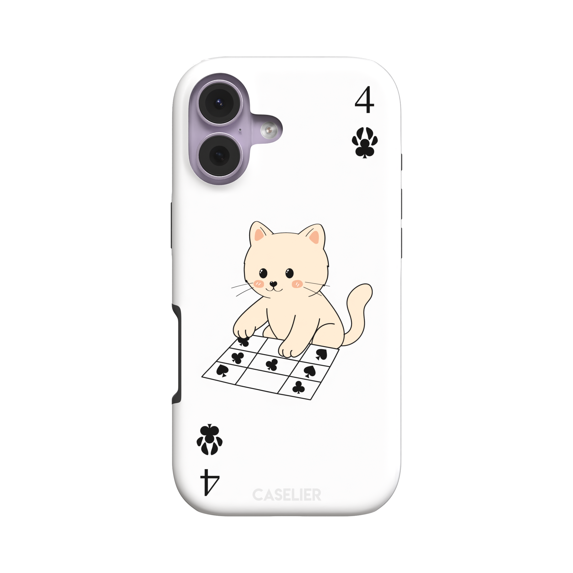 Four of Clubs phone case in white with a kawaii kitten sitting on a grid of club suit symbols and a numeral four in each corner, phone case by Caselier — tough case, front view