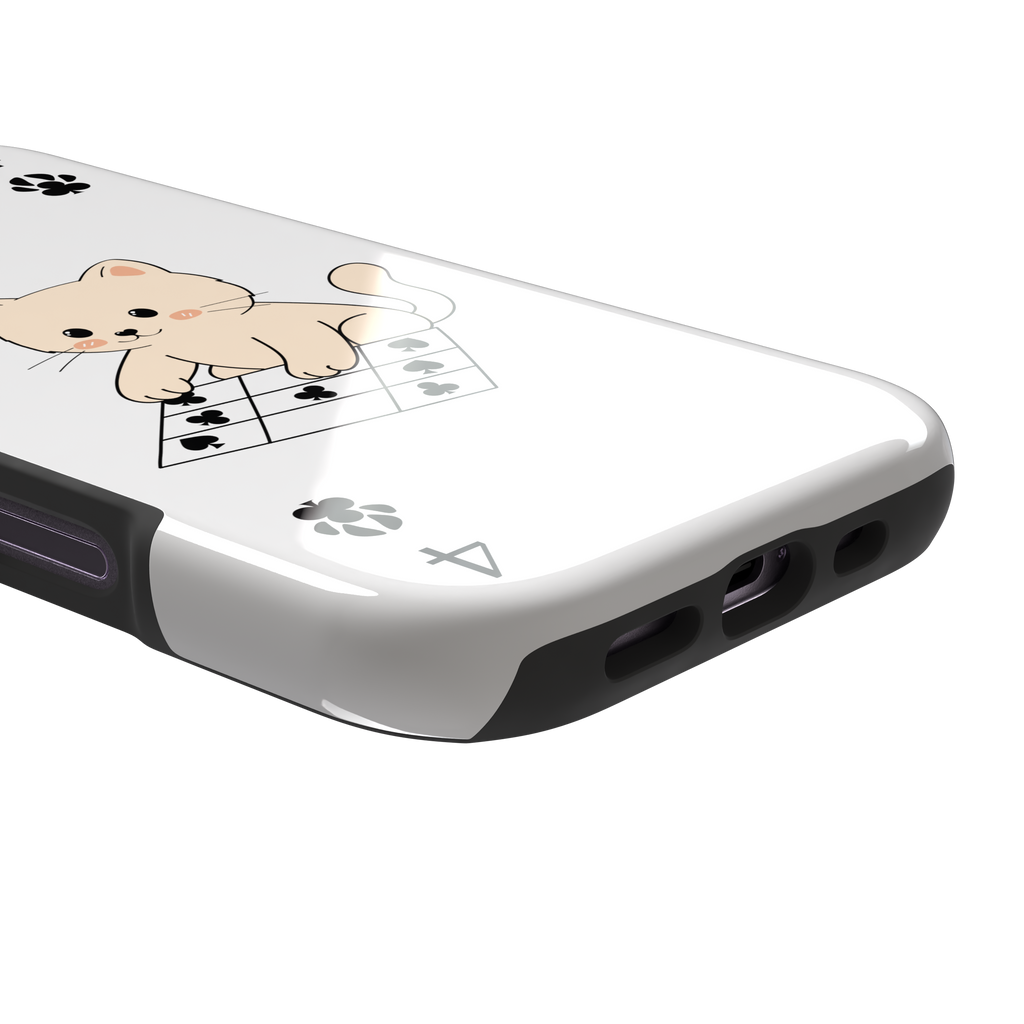 Four of Clubs phone case in white with a kawaii kitten sitting on a grid of club suit symbols and a numeral four in each corner, phone case by Caselier — tough case, charging port detail