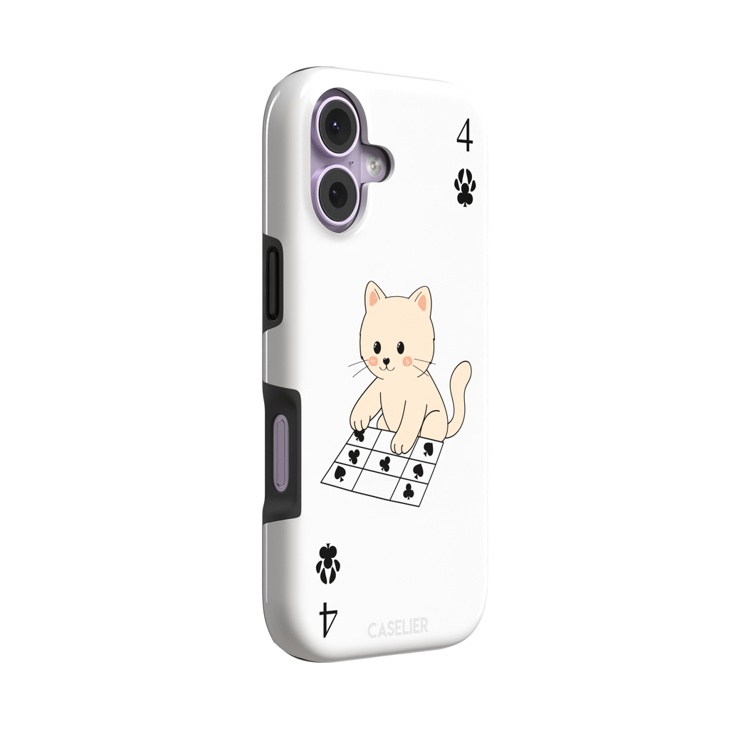 Four of Clubs phone case in white with a kawaii kitten sitting on a grid of club suit symbols and a numeral four in each corner, phone case by Caselier — tough case, left view
