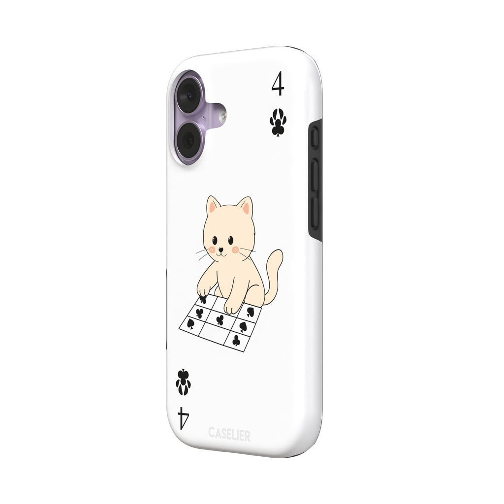 Four of Clubs phone case in white with a kawaii kitten sitting on a grid of club suit symbols and a numeral four in each corner, phone case by Caselier — tough case, right view