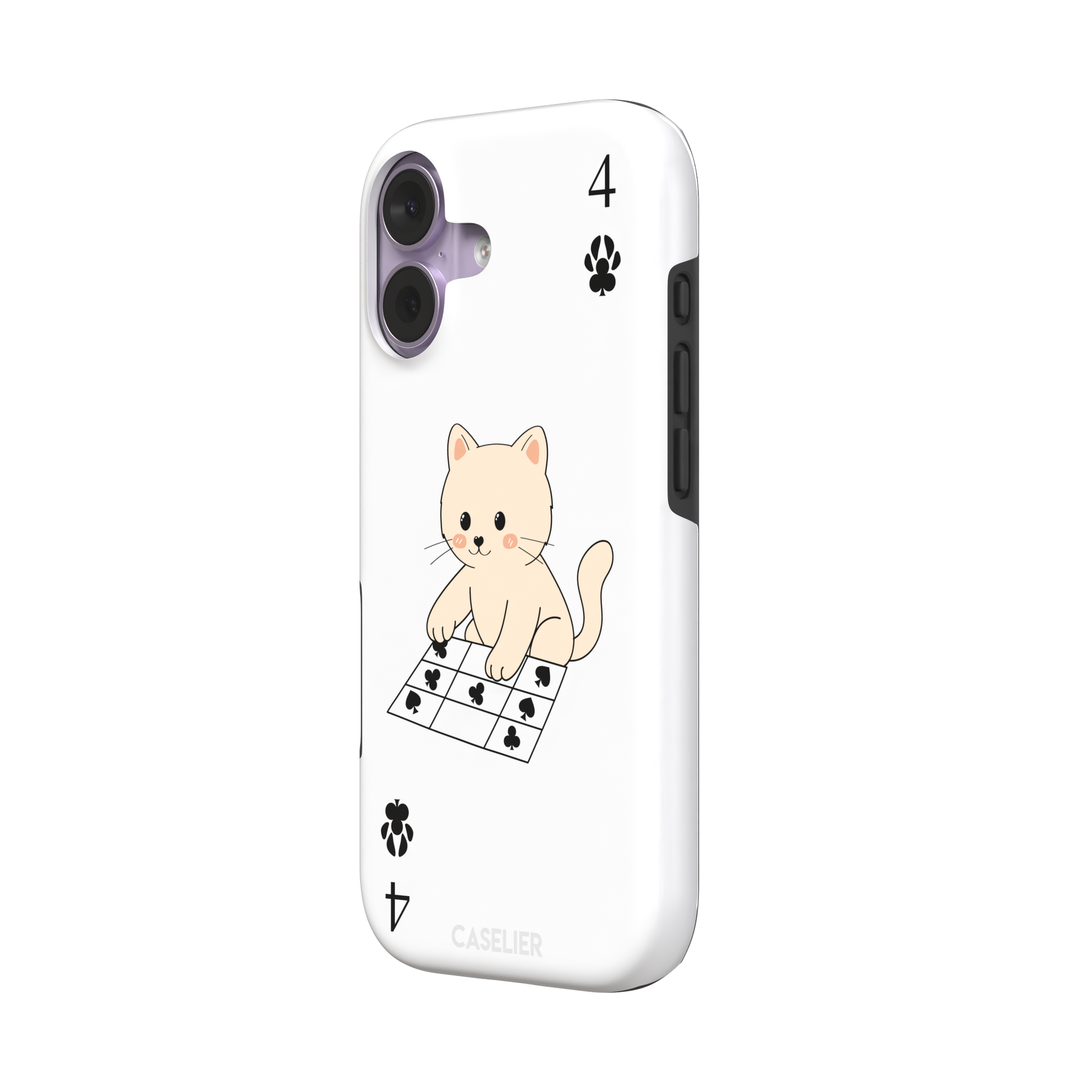 Four of Clubs phone case in white with a kawaii kitten sitting on a grid of club suit symbols and a numeral four in each corner, phone case by Caselier — tough case, right view