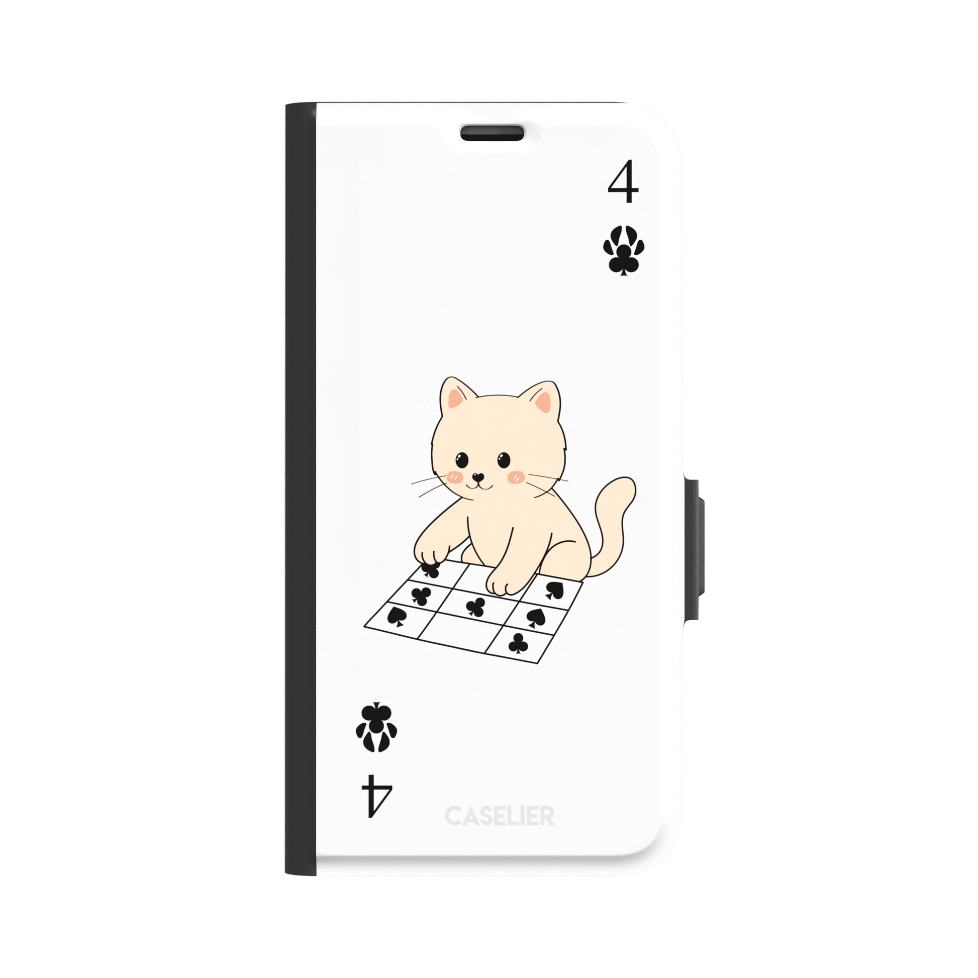 Four of Clubs phone case in white with a kawaii kitten sitting on a grid of club suit symbols and a numeral four in each corner, phone case by Caselier — wallet case, front view
