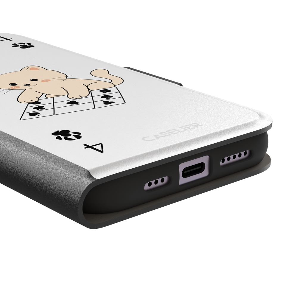 Four of Clubs phone case in white with a kawaii kitten sitting on a grid of club suit symbols and a numeral four in each corner, phone case by Caselier — wallet case, charging port detail