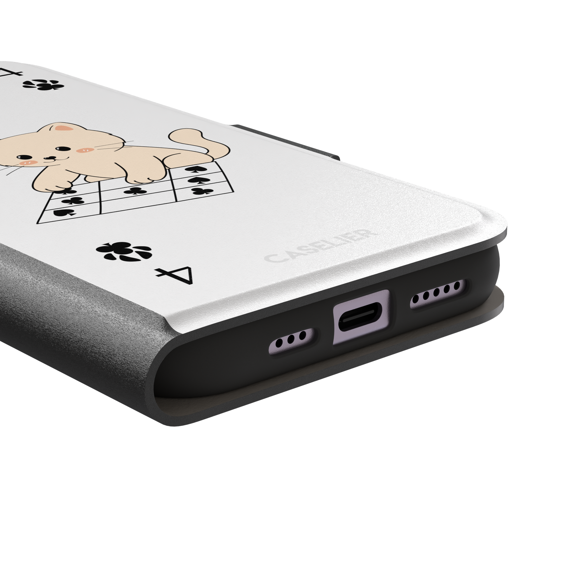 Four of Clubs phone case in white with a kawaii kitten sitting on a grid of club suit symbols and a numeral four in each corner, phone case by Caselier — wallet case, charging port detail