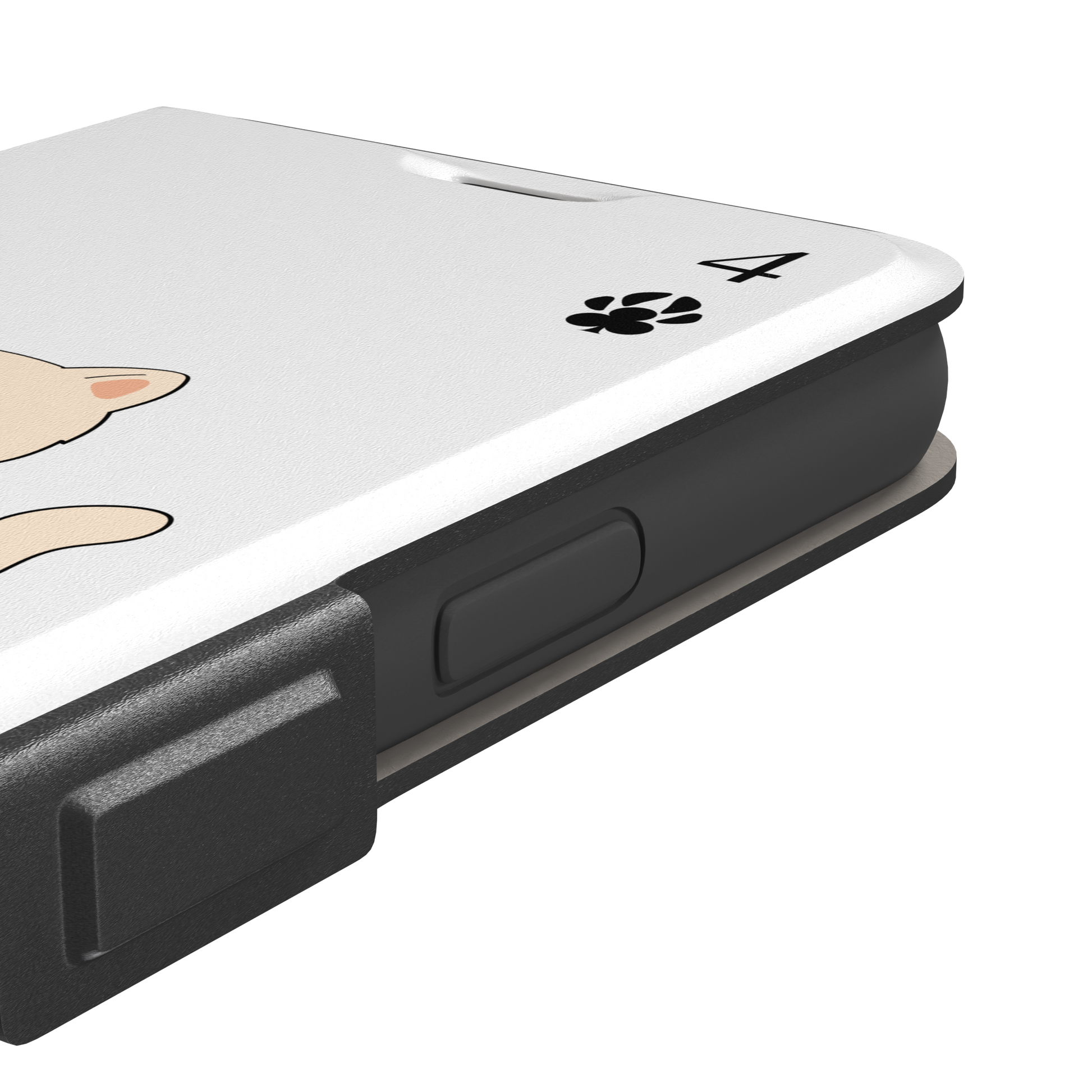 Four of Clubs phone case in white with a kawaii kitten sitting on a grid of club suit symbols and a numeral four in each corner, phone case by Caselier — wallet case, volume buttons detail