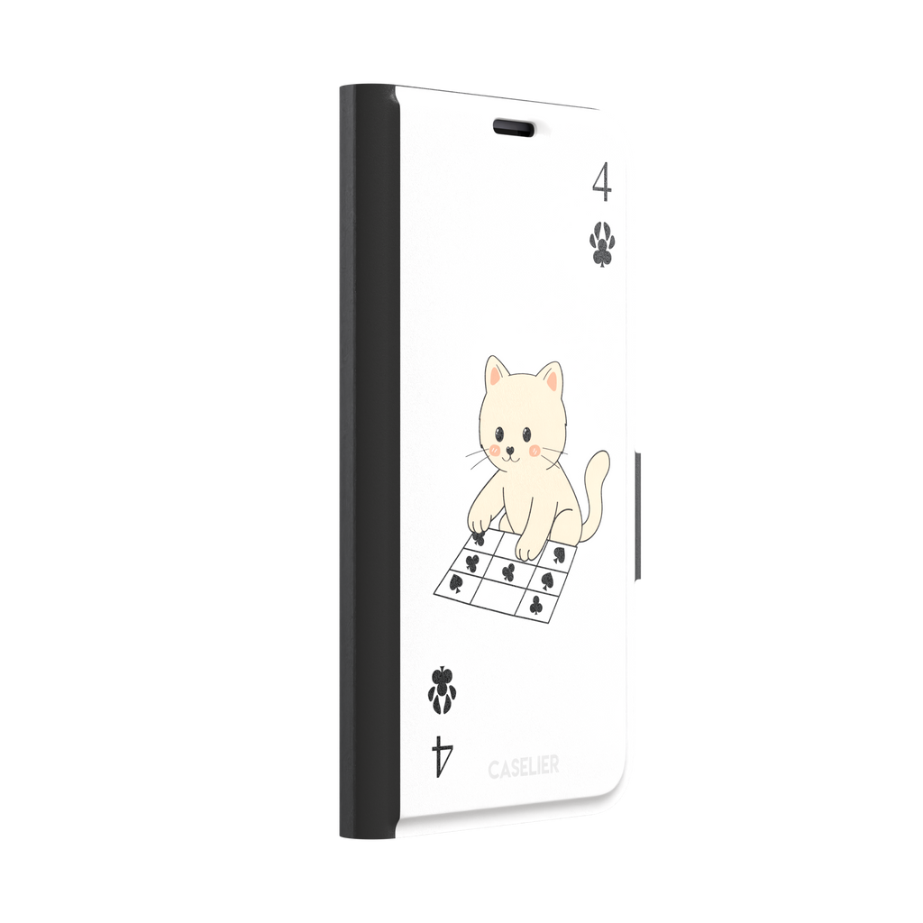 Four of Clubs phone case in white with a kawaii kitten sitting on a grid of club suit symbols and a numeral four in each corner, phone case by Caselier — wallet case, left view