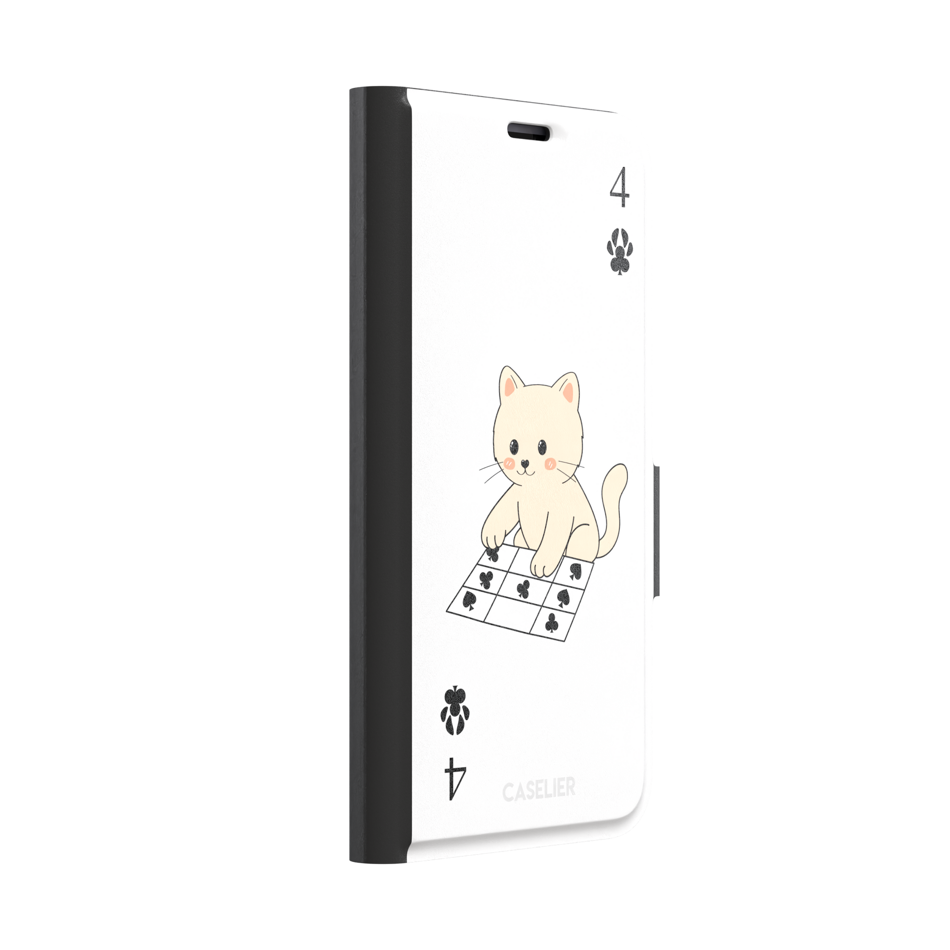 Four of Clubs phone case in white with a kawaii kitten sitting on a grid of club suit symbols and a numeral four in each corner, phone case by Caselier — wallet case, left view