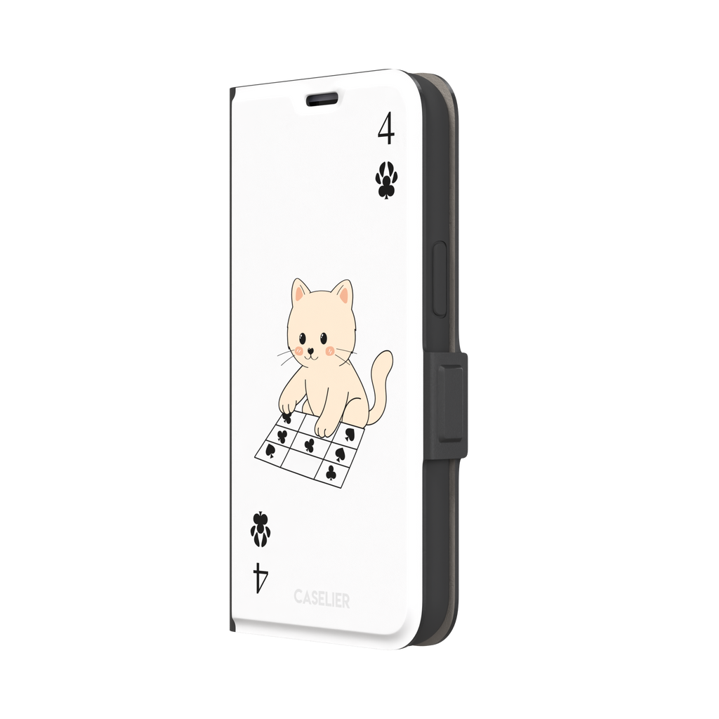 Four of Clubs phone case in white with a kawaii kitten sitting on a grid of club suit symbols and a numeral four in each corner, phone case by Caselier — wallet case, right view