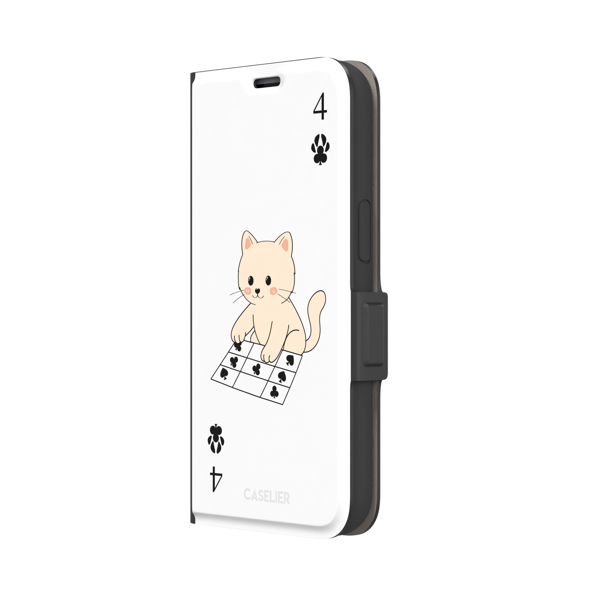 Four of Clubs phone case in white with a kawaii kitten sitting on a grid of club suit symbols and a numeral four in each corner, phone case by Caselier — wallet case, right view