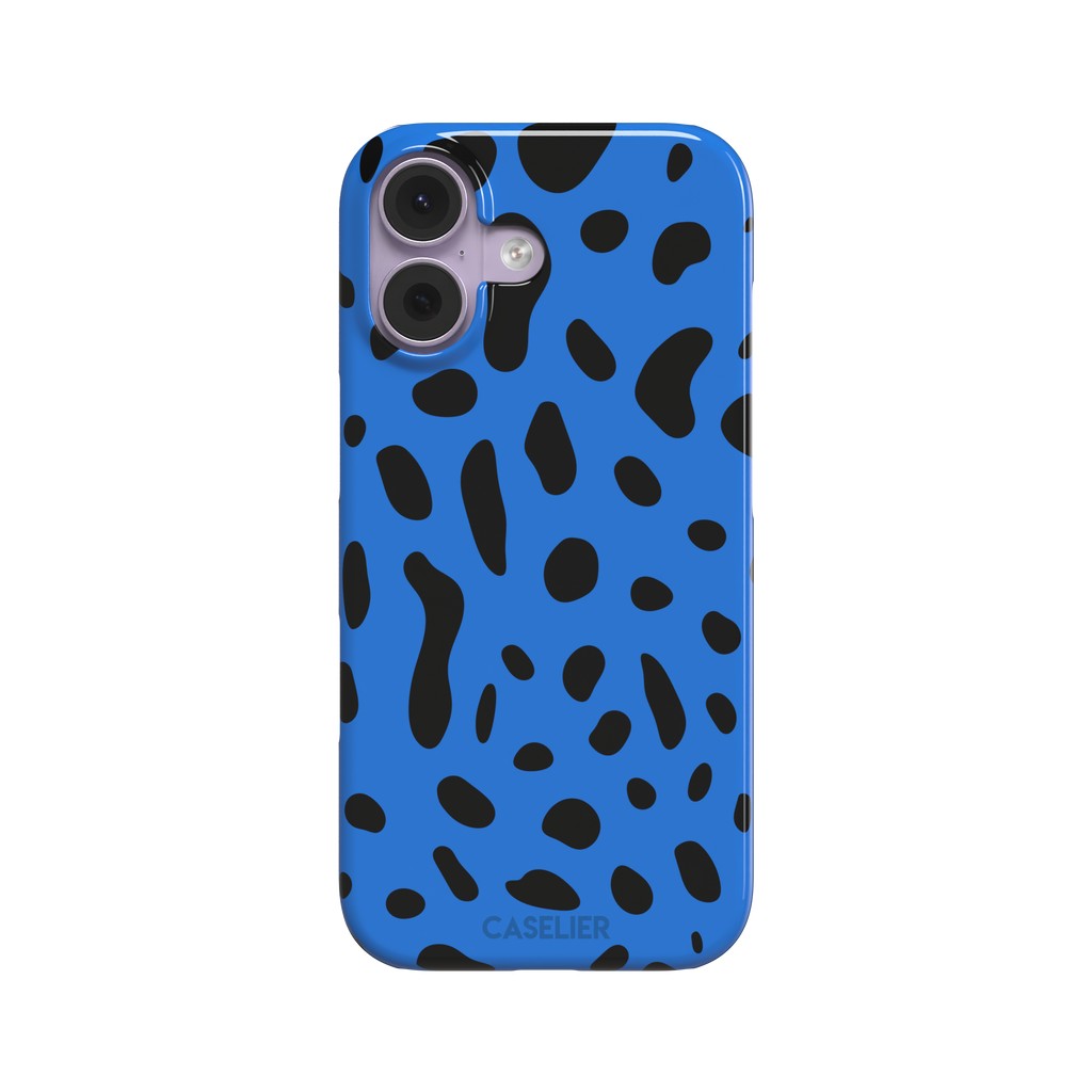 Frog phone case in cobalt blue with scattered irregular black spots in an animal print pattern, phone case by Caselier — snap case, front view