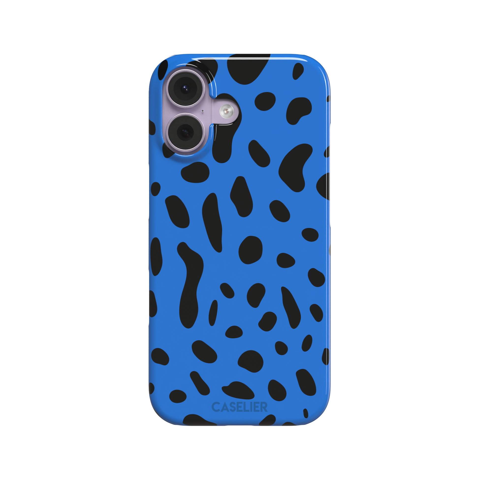 Frog phone case in cobalt blue with scattered irregular black spots in an animal print pattern, phone case by Caselier — snap case, front view