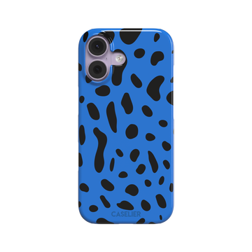 Frog phone case in cobalt blue with scattered irregular black spots in an animal print pattern, phone case by Caselier — snap case, front view