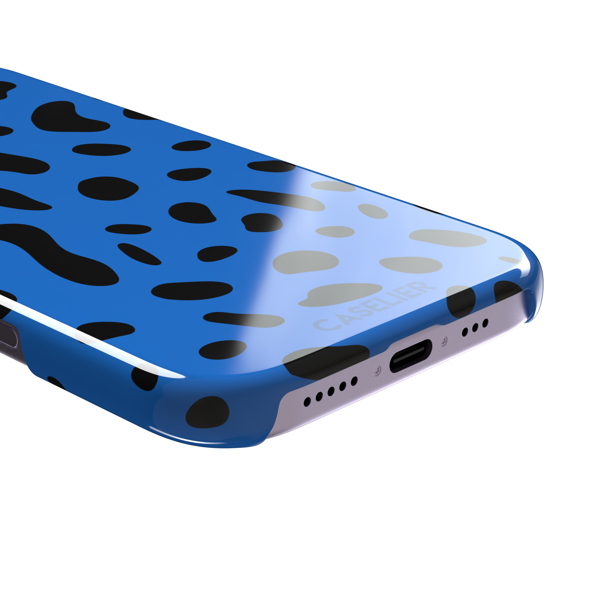 Frog phone case in cobalt blue with scattered irregular black spots in an animal print pattern, phone case by Caselier — snap case, charging port detail