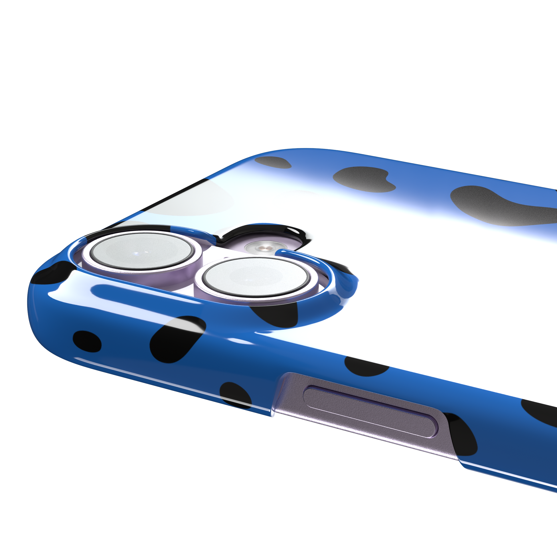 Frog phone case in cobalt blue with scattered irregular black spots in an animal print pattern, phone case by Caselier — snap case, volume buttons detail