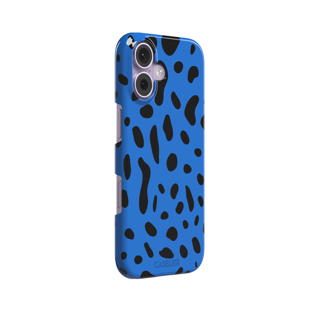 Frog phone case in cobalt blue with scattered irregular black spots in an animal print pattern, phone case by Caselier — snap case, left view