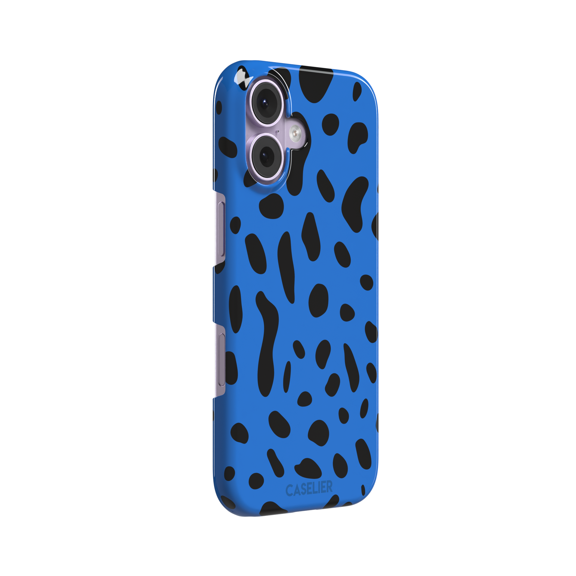 Frog phone case in cobalt blue with scattered irregular black spots in an animal print pattern, phone case by Caselier — snap case, left view