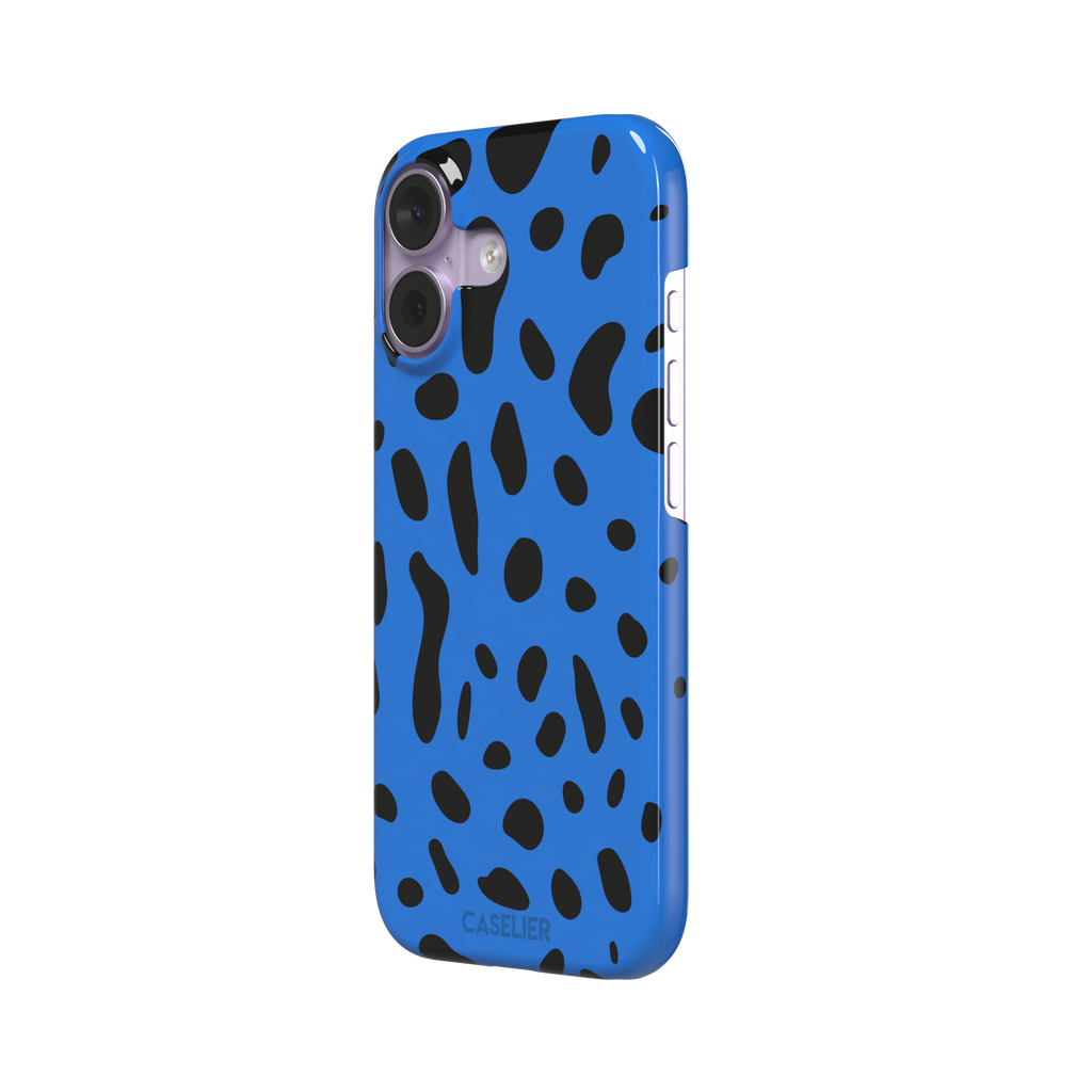 Frog phone case in cobalt blue with scattered irregular black spots in an animal print pattern, phone case by Caselier — snap case, right view