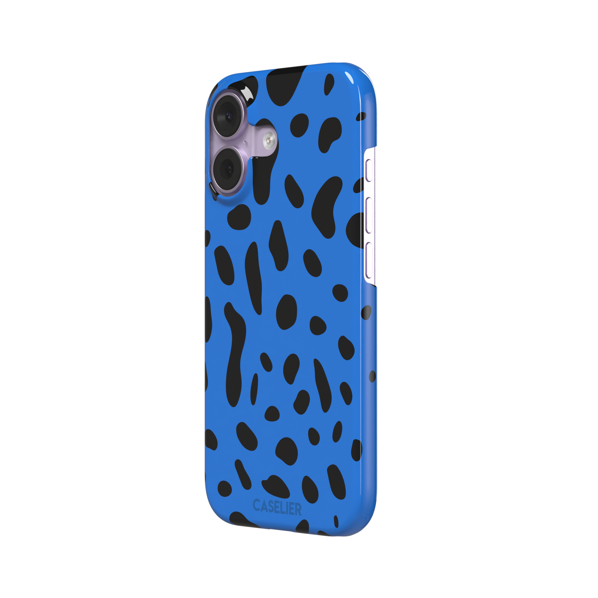 Frog phone case in cobalt blue with scattered irregular black spots in an animal print pattern, phone case by Caselier — snap case, right view