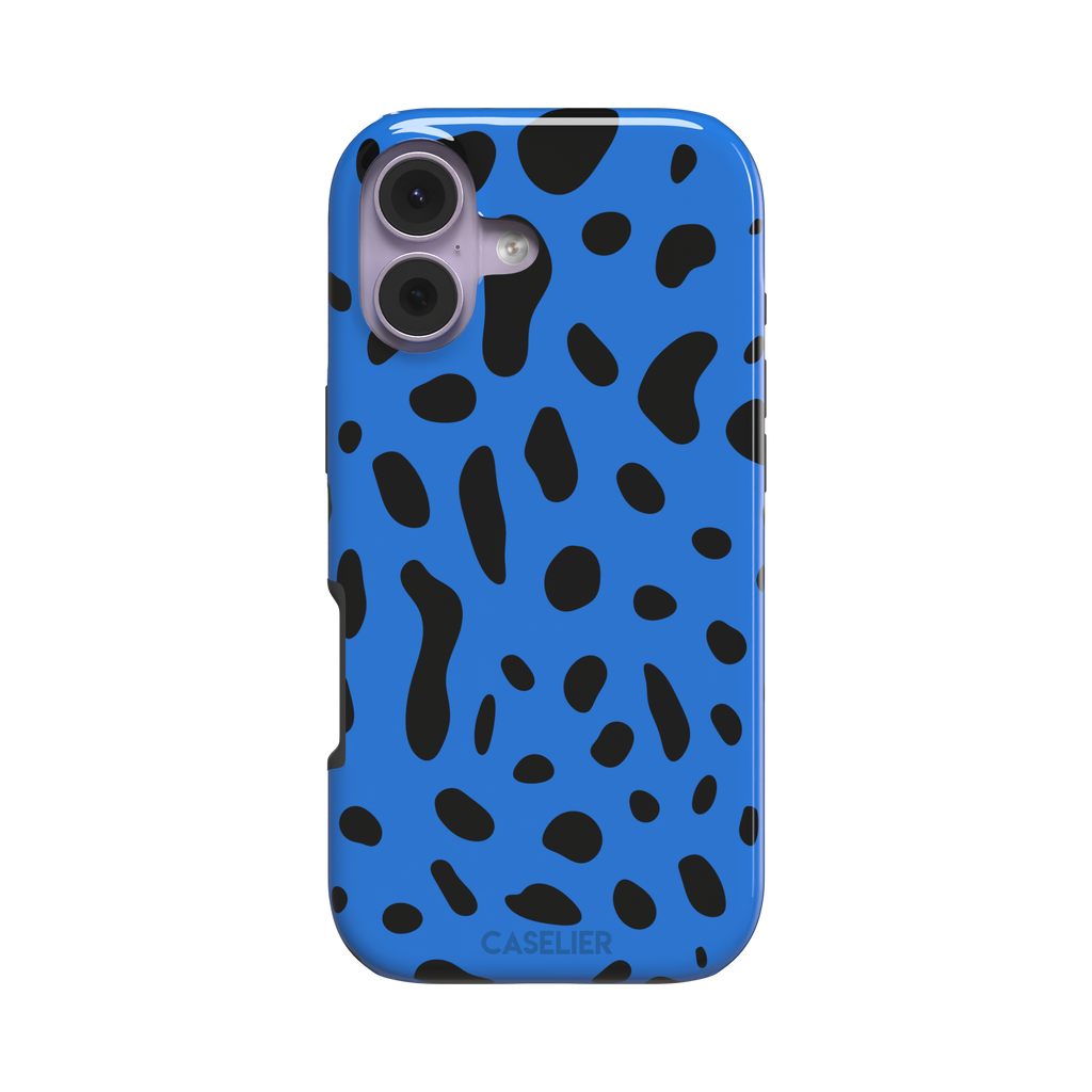 Frog phone case in cobalt blue with scattered irregular black spots in an animal print pattern, phone case by Caselier — tough case, front view