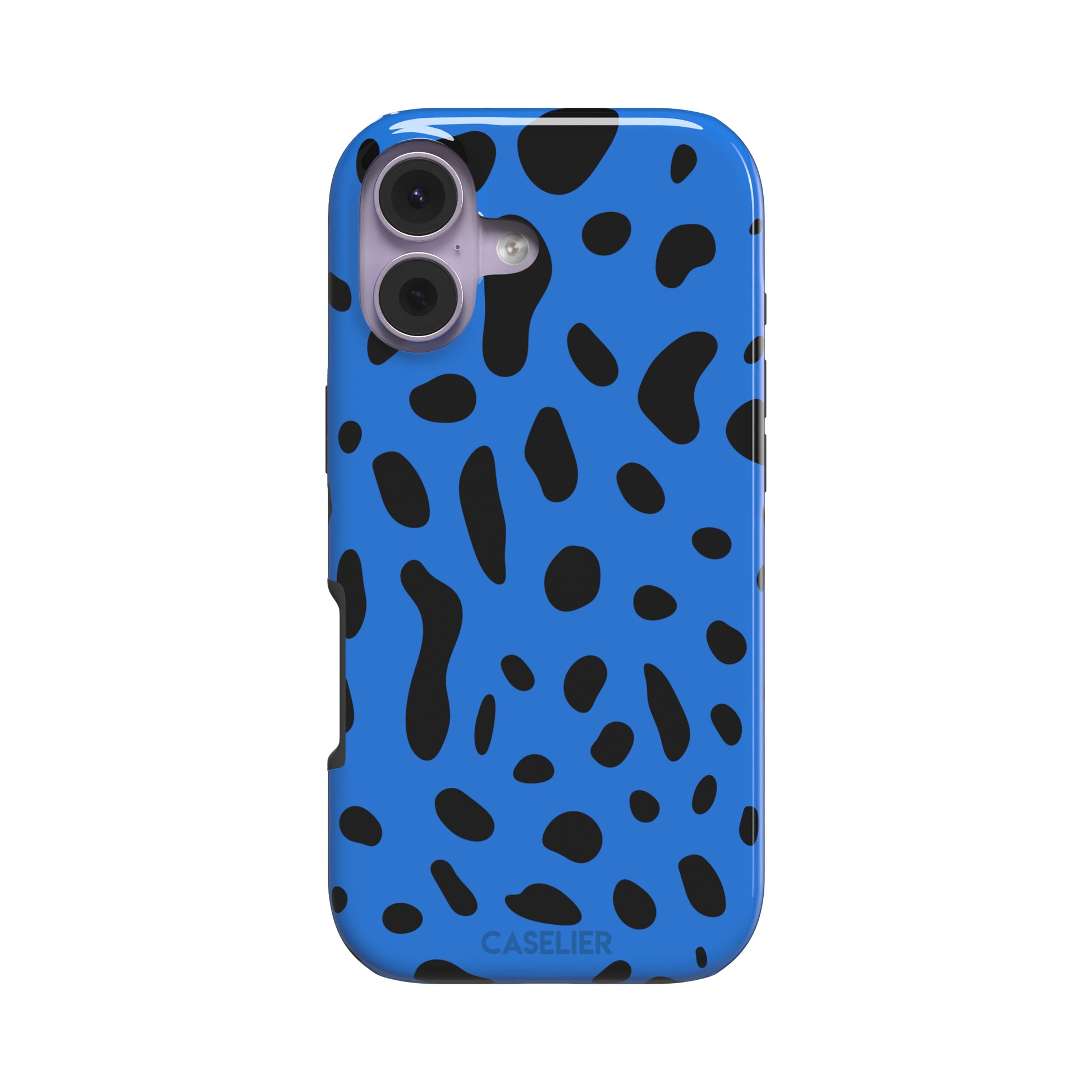 Frog phone case in cobalt blue with scattered irregular black spots in an animal print pattern, phone case by Caselier — tough case, front view