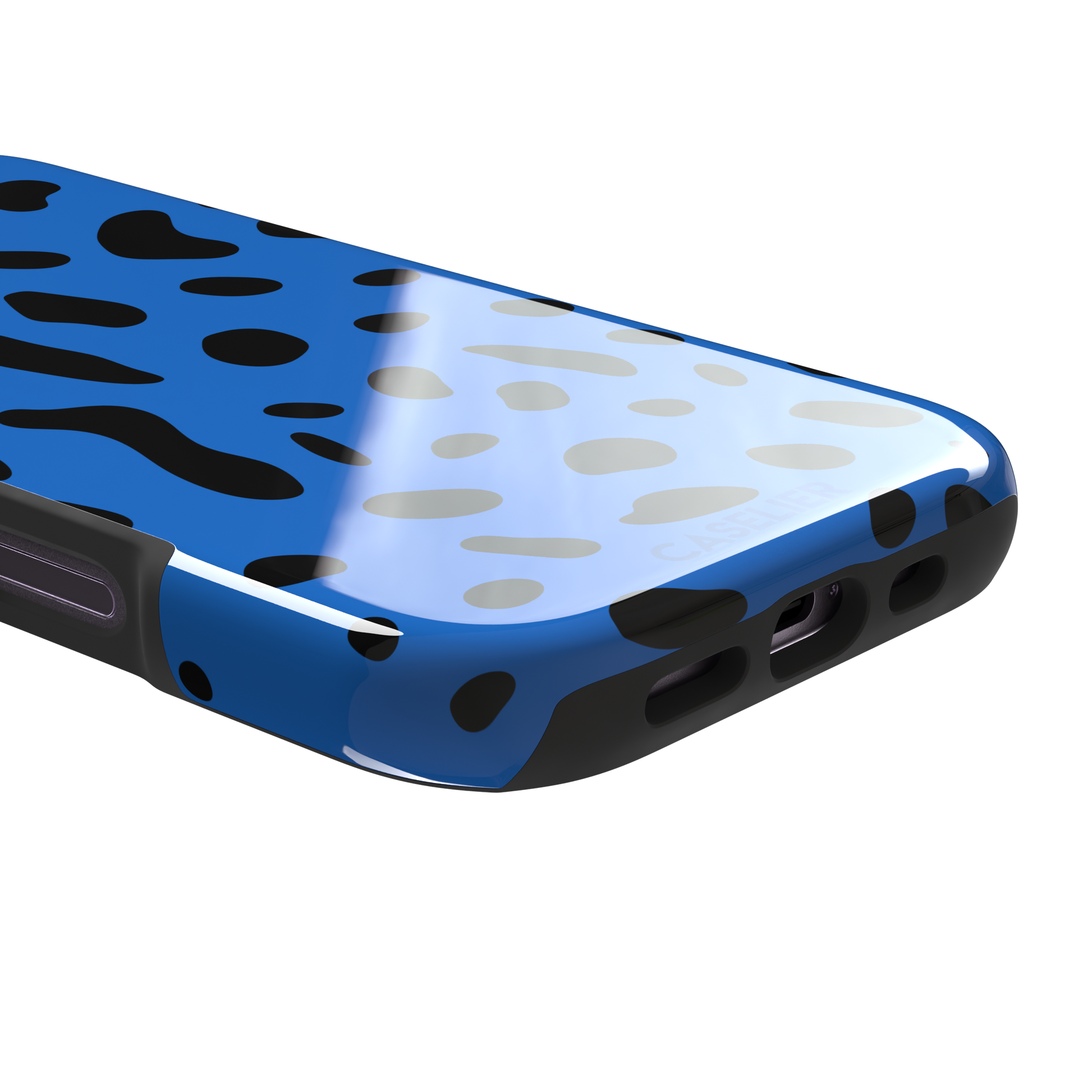 Frog phone case in cobalt blue with scattered irregular black spots in an animal print pattern, phone case by Caselier — tough case, charging port detail