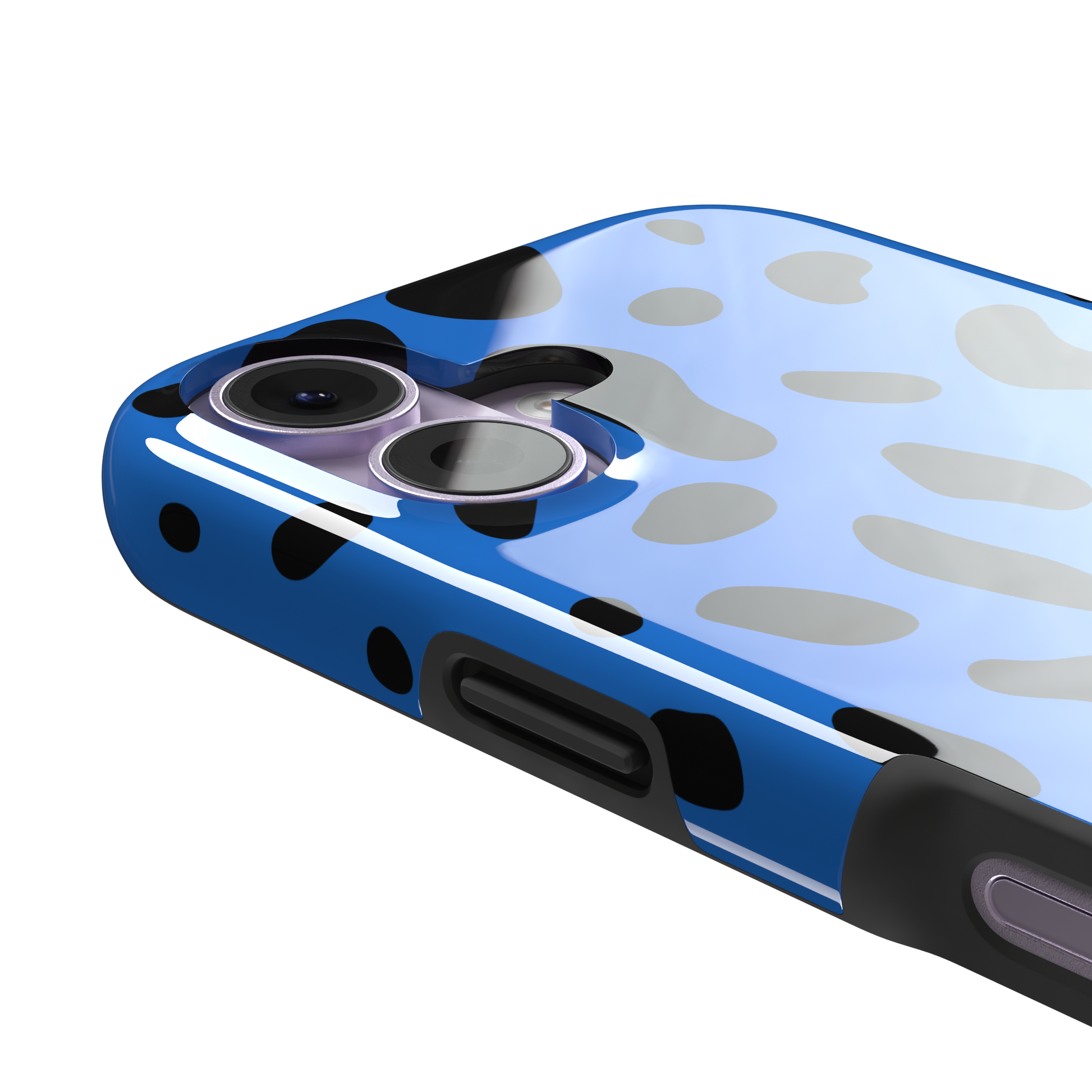 Frog phone case in cobalt blue with scattered irregular black spots in an animal print pattern, phone case by Caselier — tough case, volume buttons detail