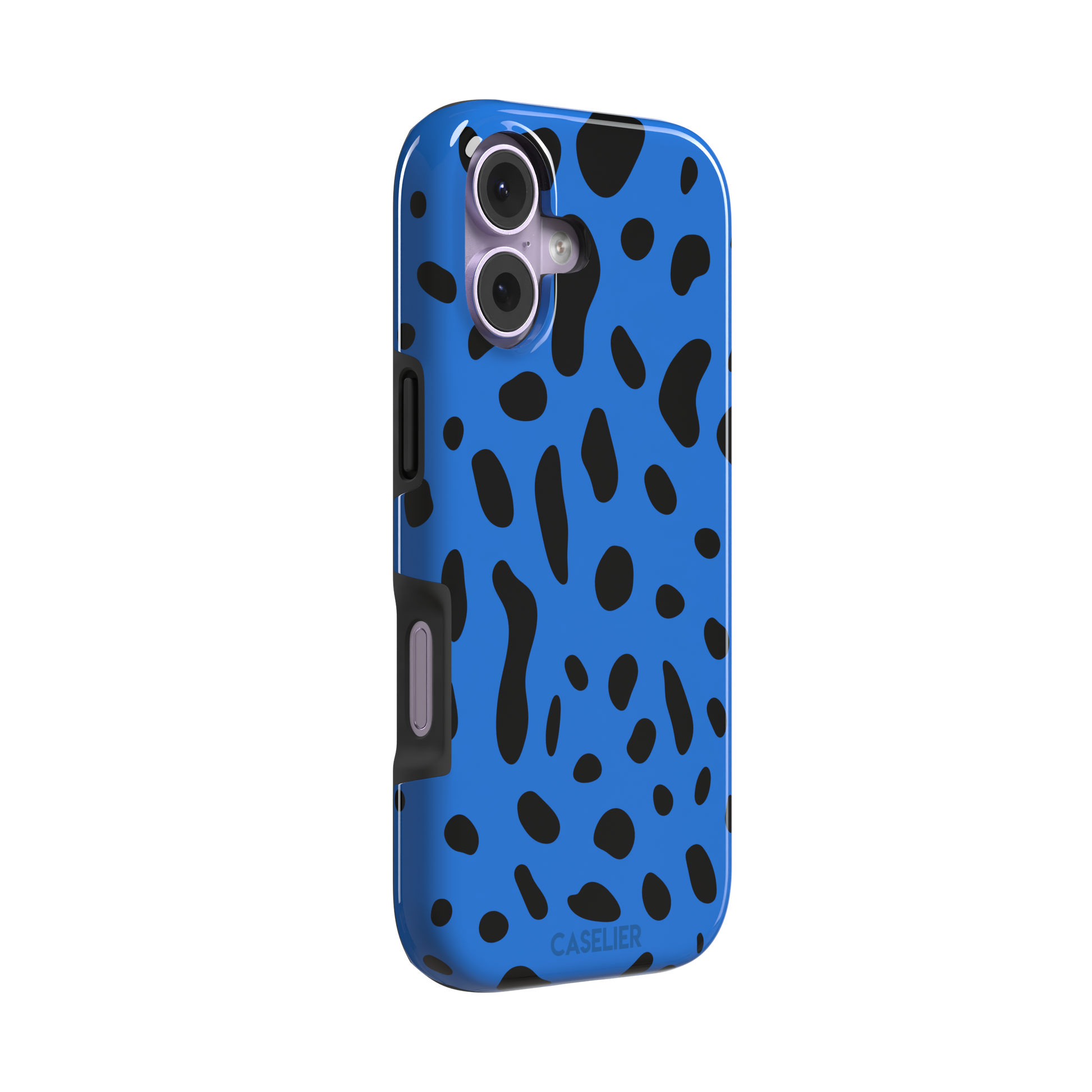 Frog phone case in cobalt blue with scattered irregular black spots in an animal print pattern, phone case by Caselier — tough case, left view