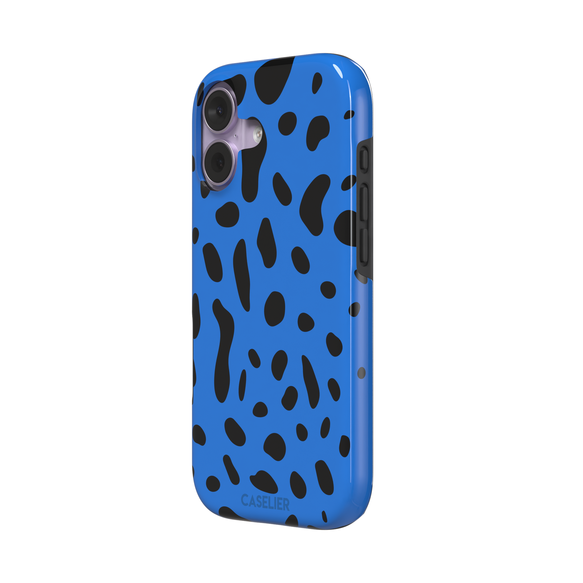 Frog phone case in cobalt blue with scattered irregular black spots in an animal print pattern, phone case by Caselier — tough case, right view