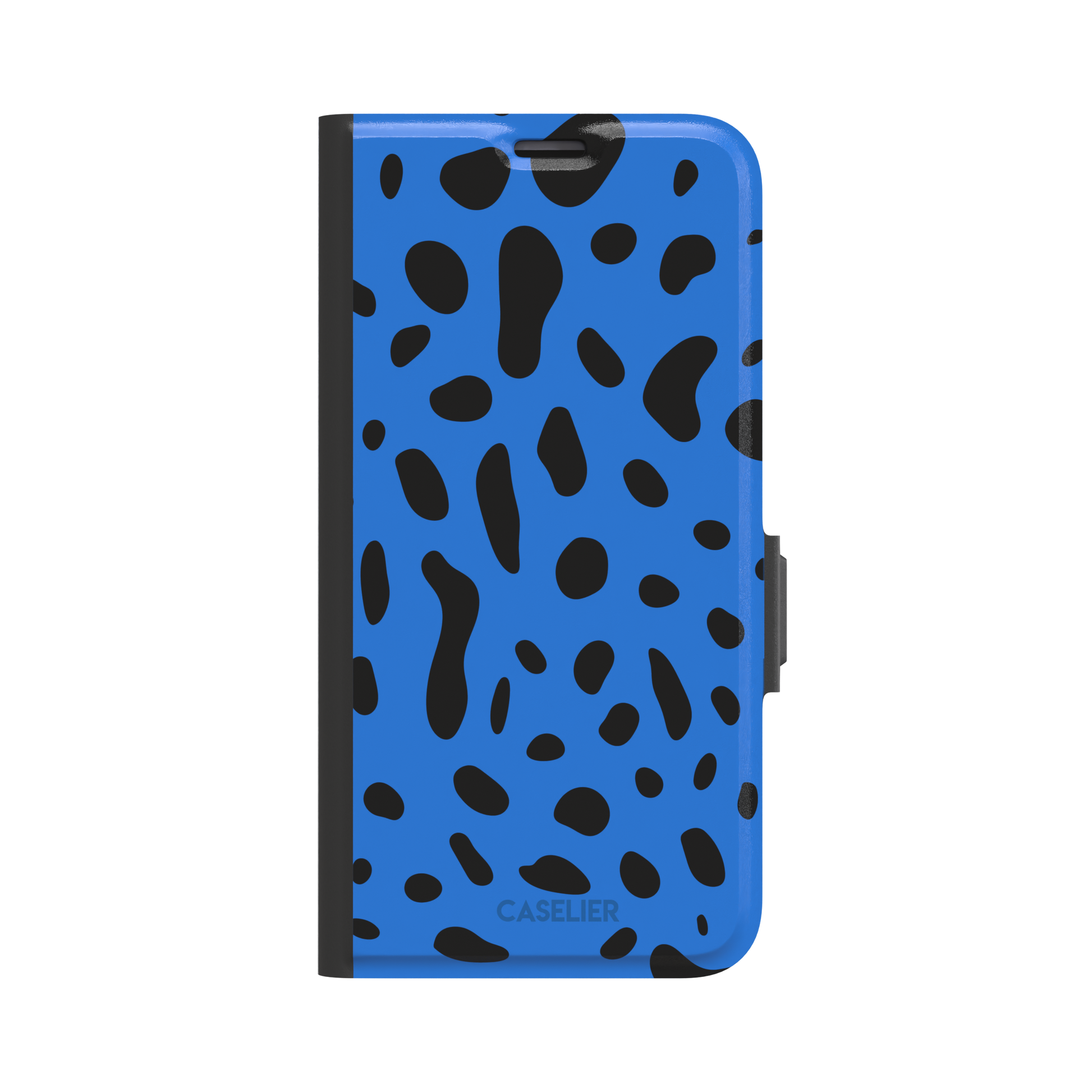 Frog phone case in cobalt blue with scattered irregular black spots in an animal print pattern, phone case by Caselier — wallet case, front view