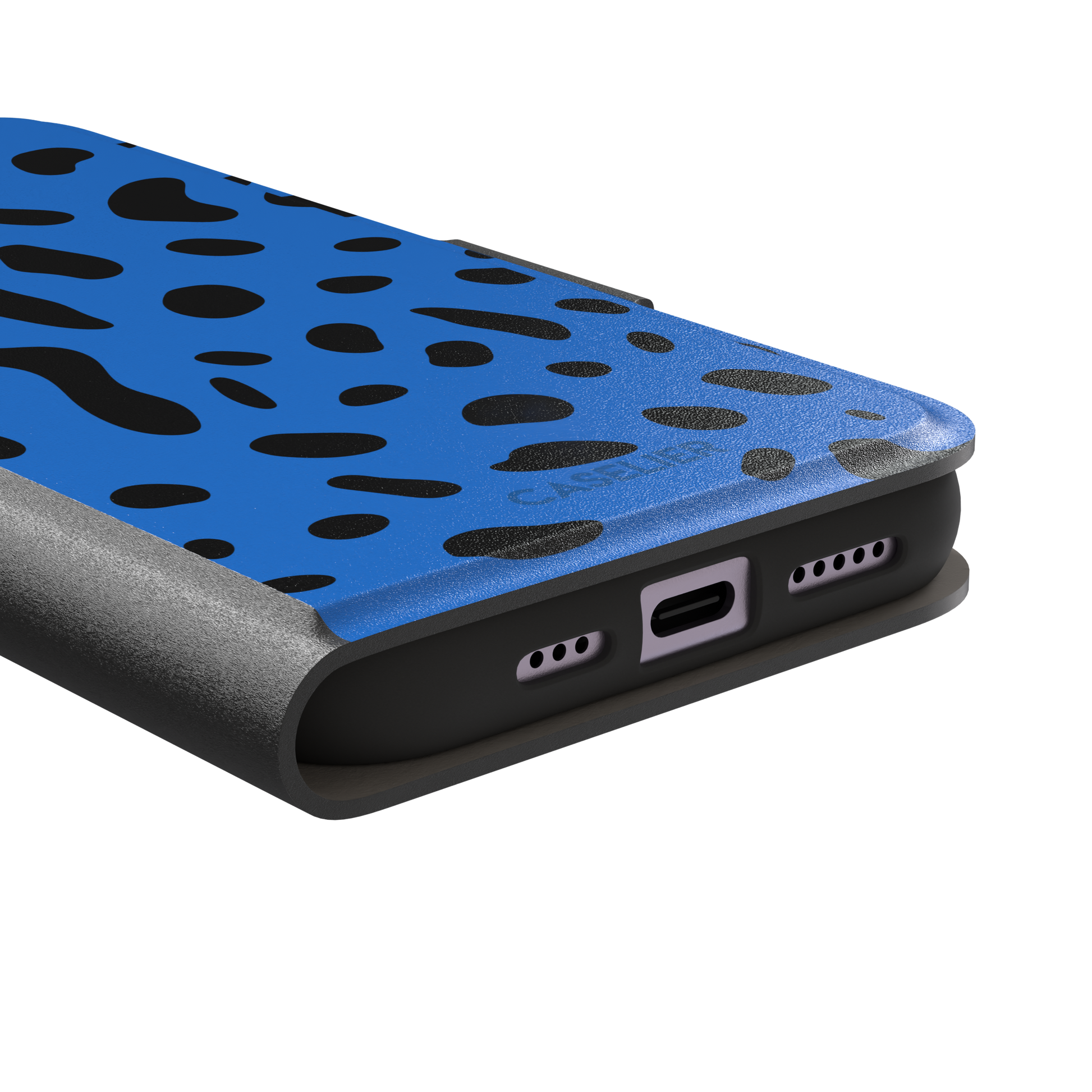 Frog phone case in cobalt blue with scattered irregular black spots in an animal print pattern, phone case by Caselier — wallet case, charging port detail