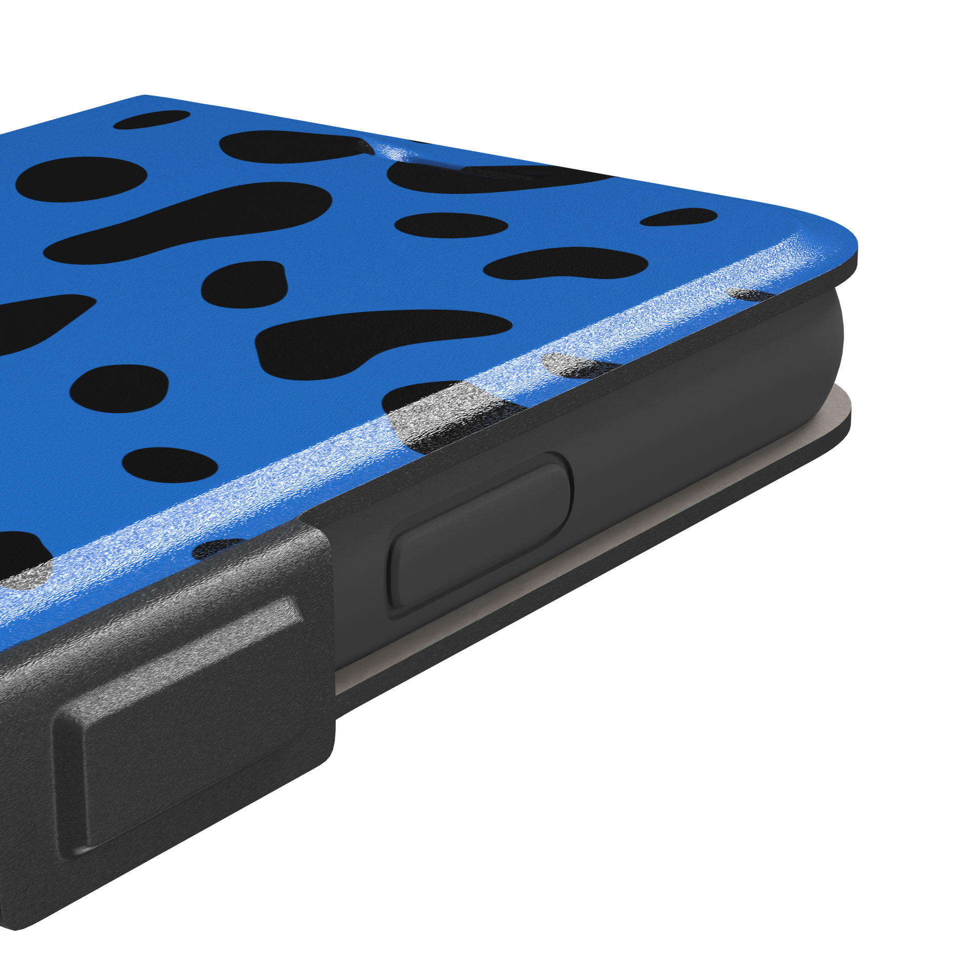Frog phone case in cobalt blue with scattered irregular black spots in an animal print pattern, phone case by Caselier — wallet case, volume buttons detail