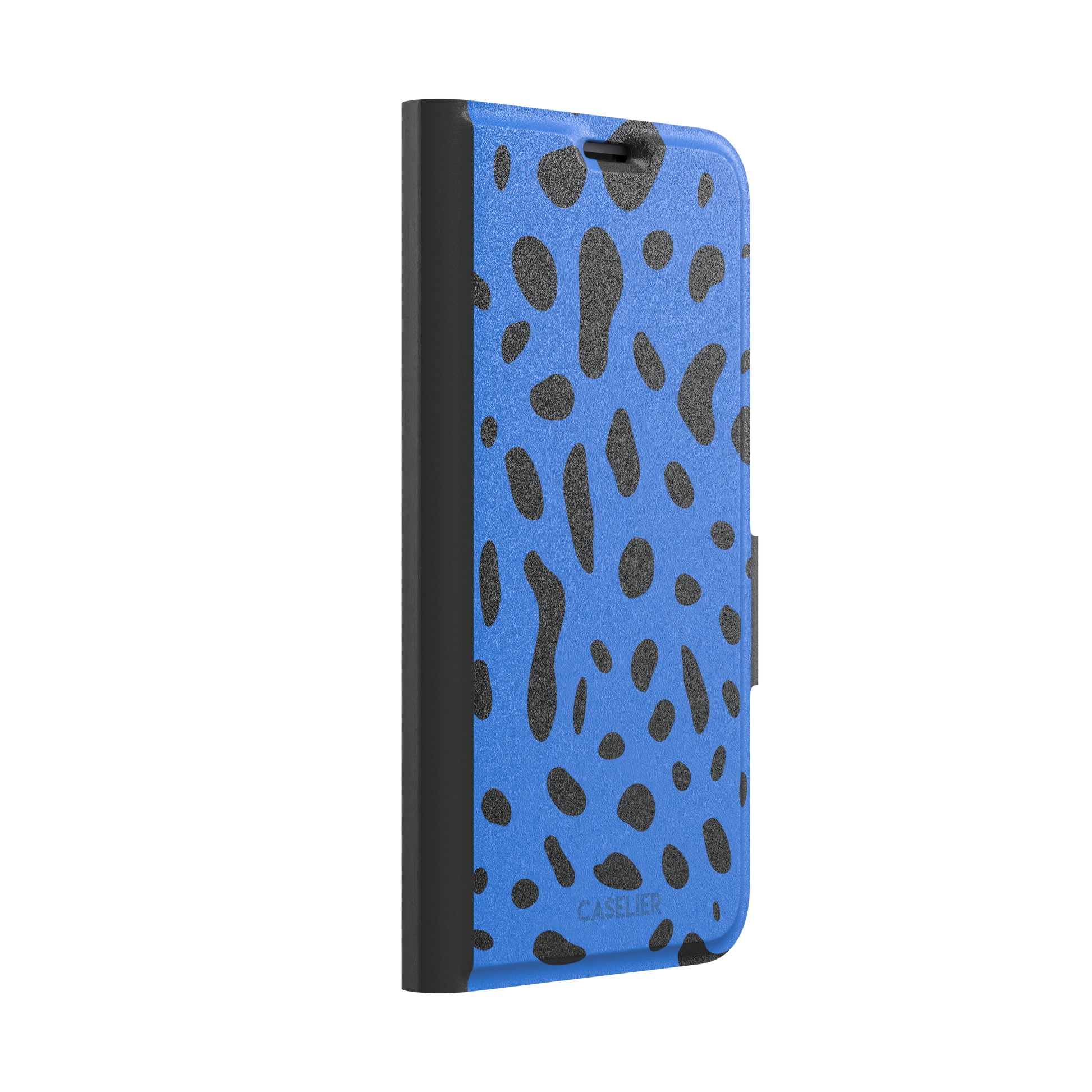 Frog phone case in cobalt blue with scattered irregular black spots in an animal print pattern, phone case by Caselier — wallet case, left view