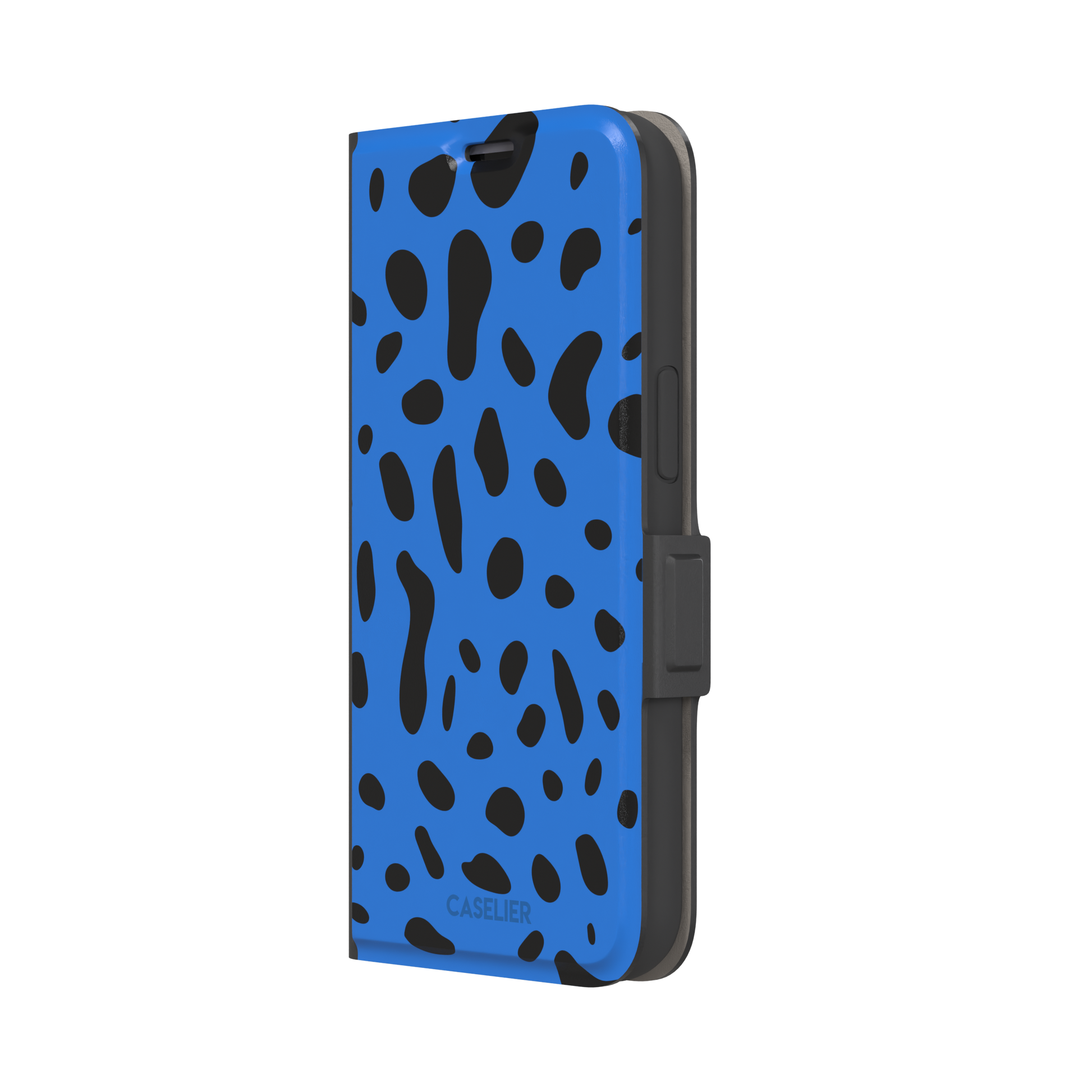Frog phone case in cobalt blue with scattered irregular black spots in an animal print pattern, phone case by Caselier — wallet case, right view
