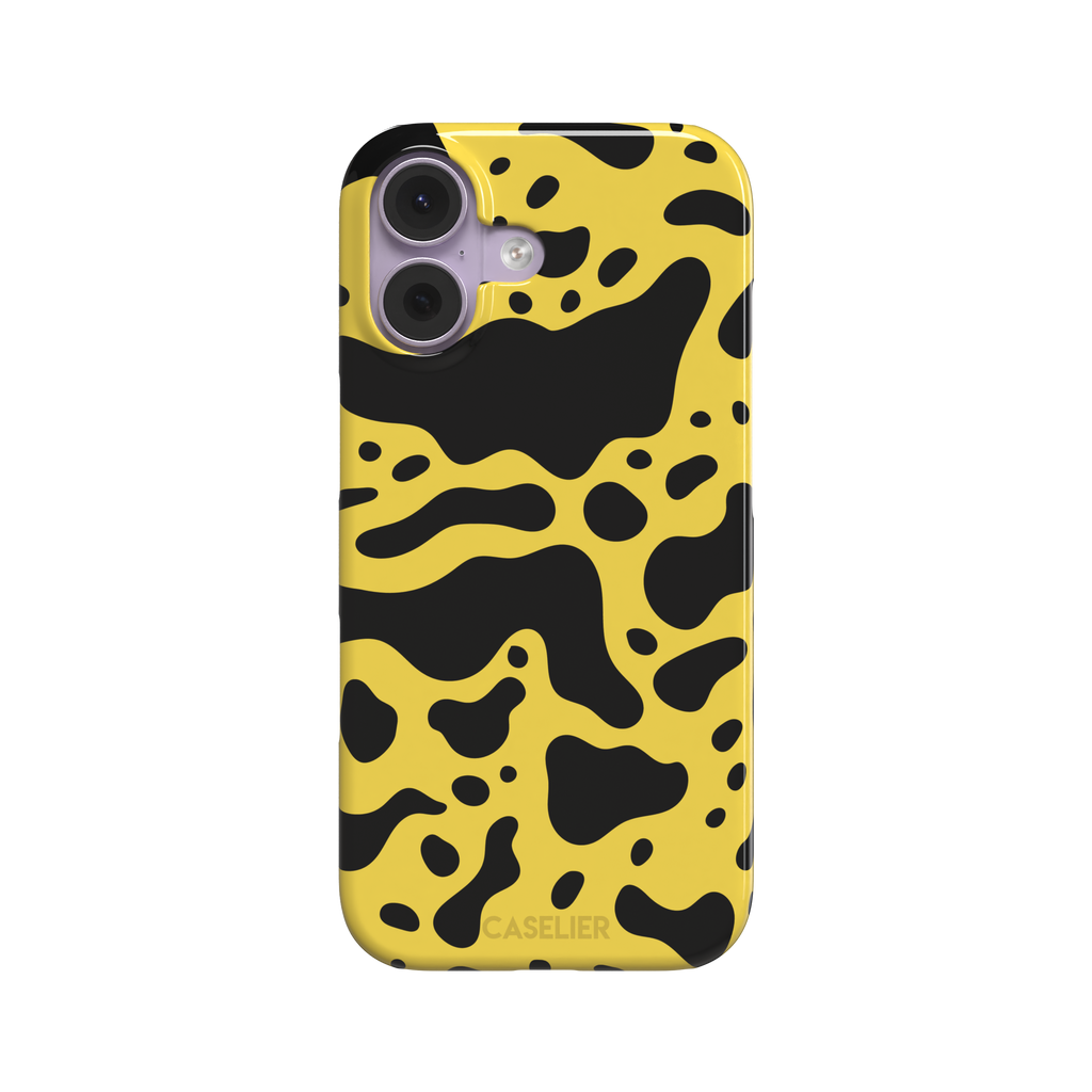 Frog phone case color variant in mustard yellow with large flowing black animal print patches, phone case by Caselier — snap case, front view