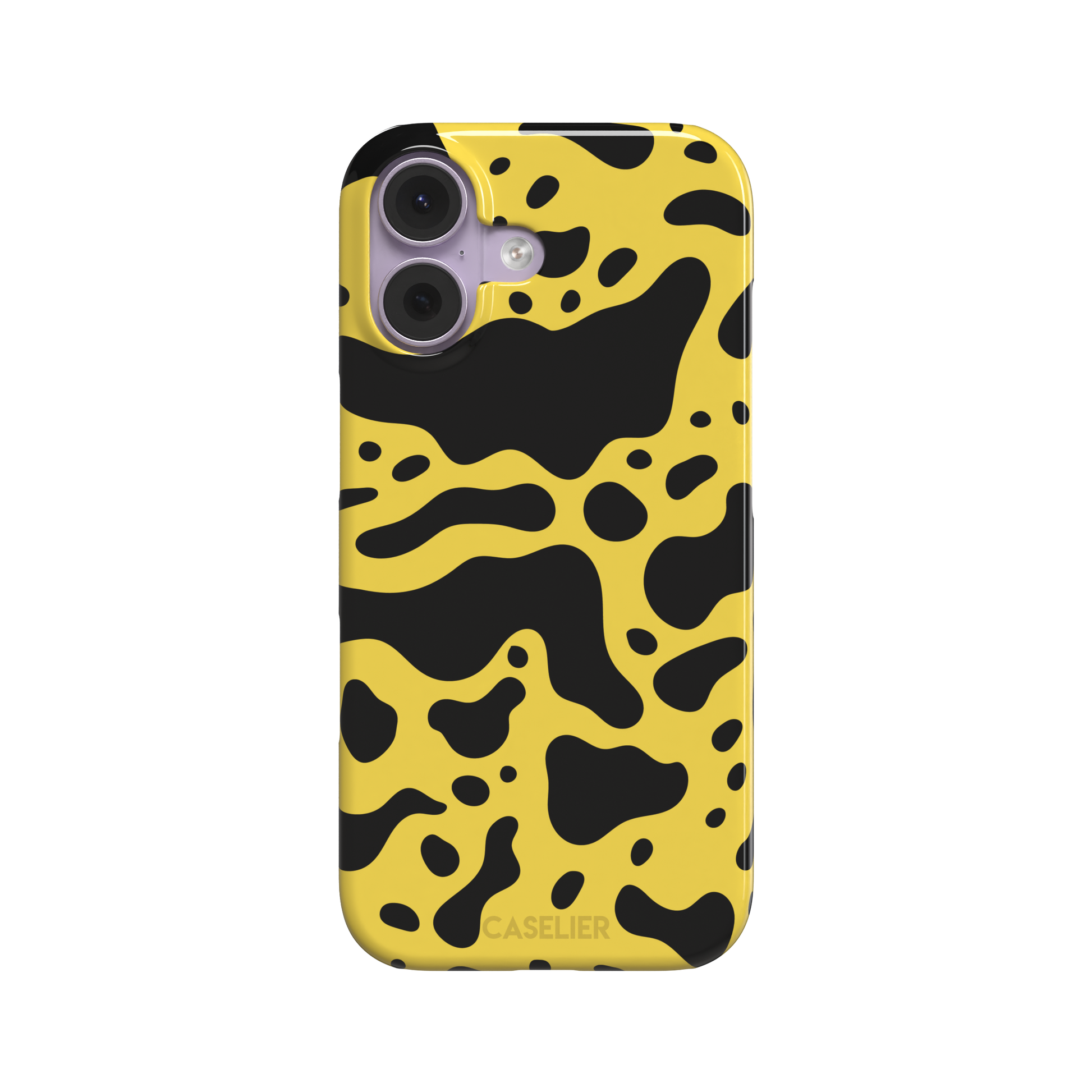 Frog phone case color variant in mustard yellow with large flowing black animal print patches, phone case by Caselier — snap case, front view