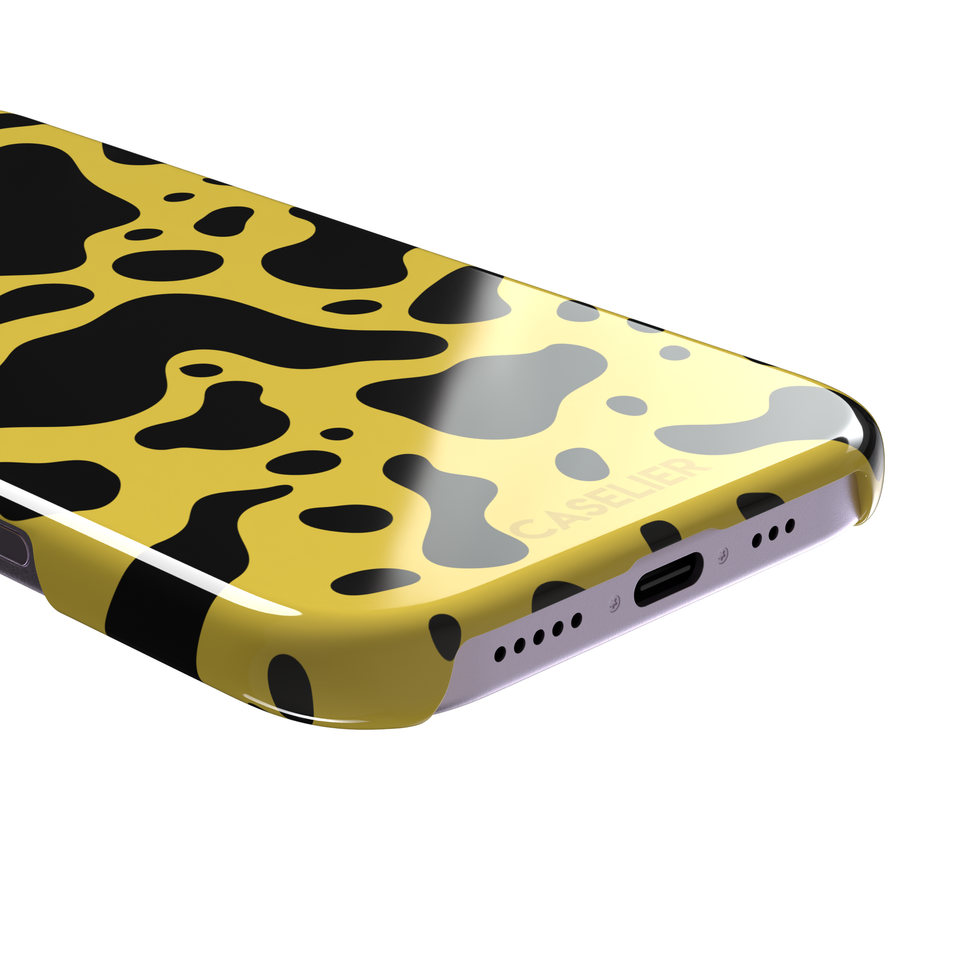 Frog phone case color variant in mustard yellow with large flowing black animal print patches, phone case by Caselier — snap case, charging port detail