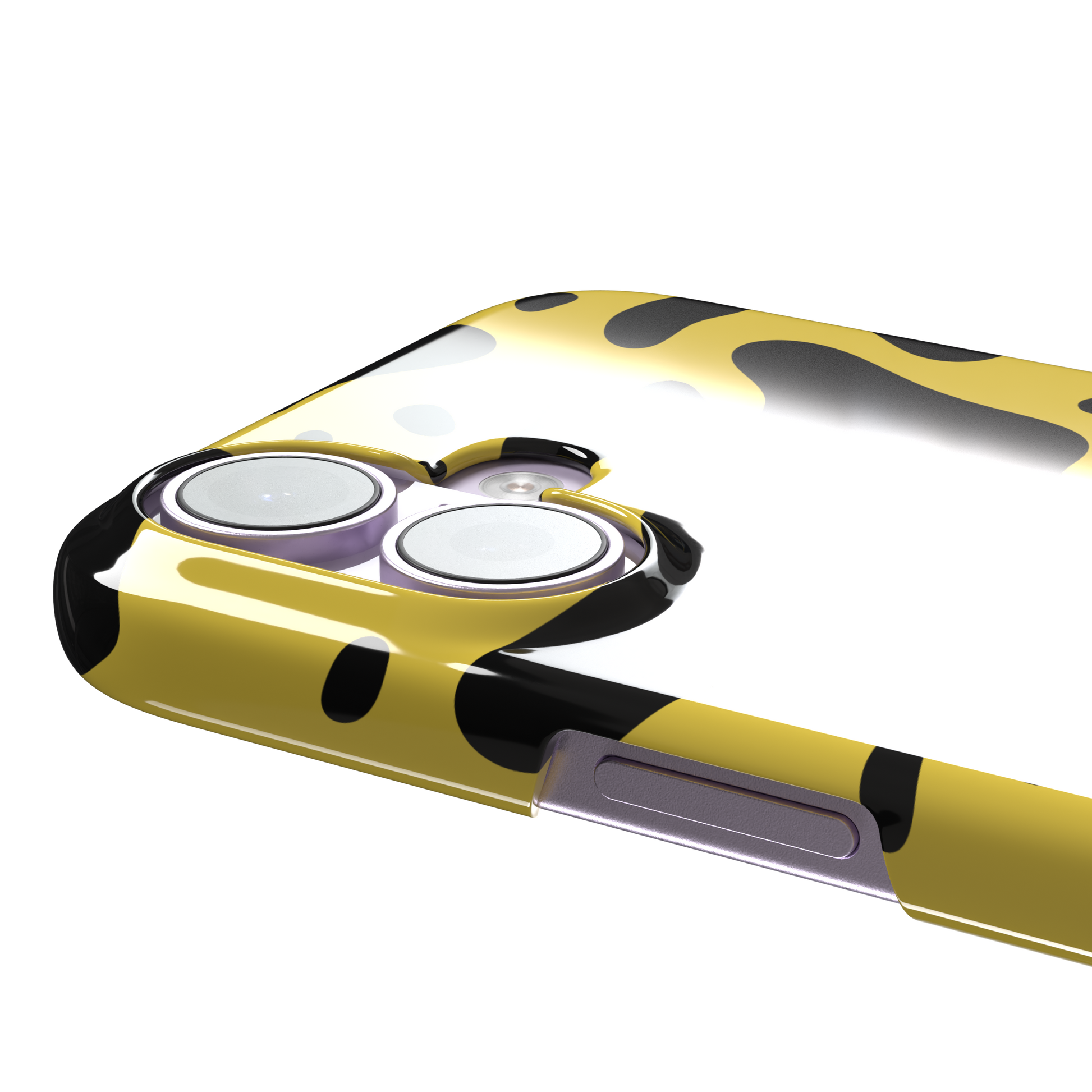 Frog phone case color variant in mustard yellow with large flowing black animal print patches, phone case by Caselier — snap case, volume buttons detail