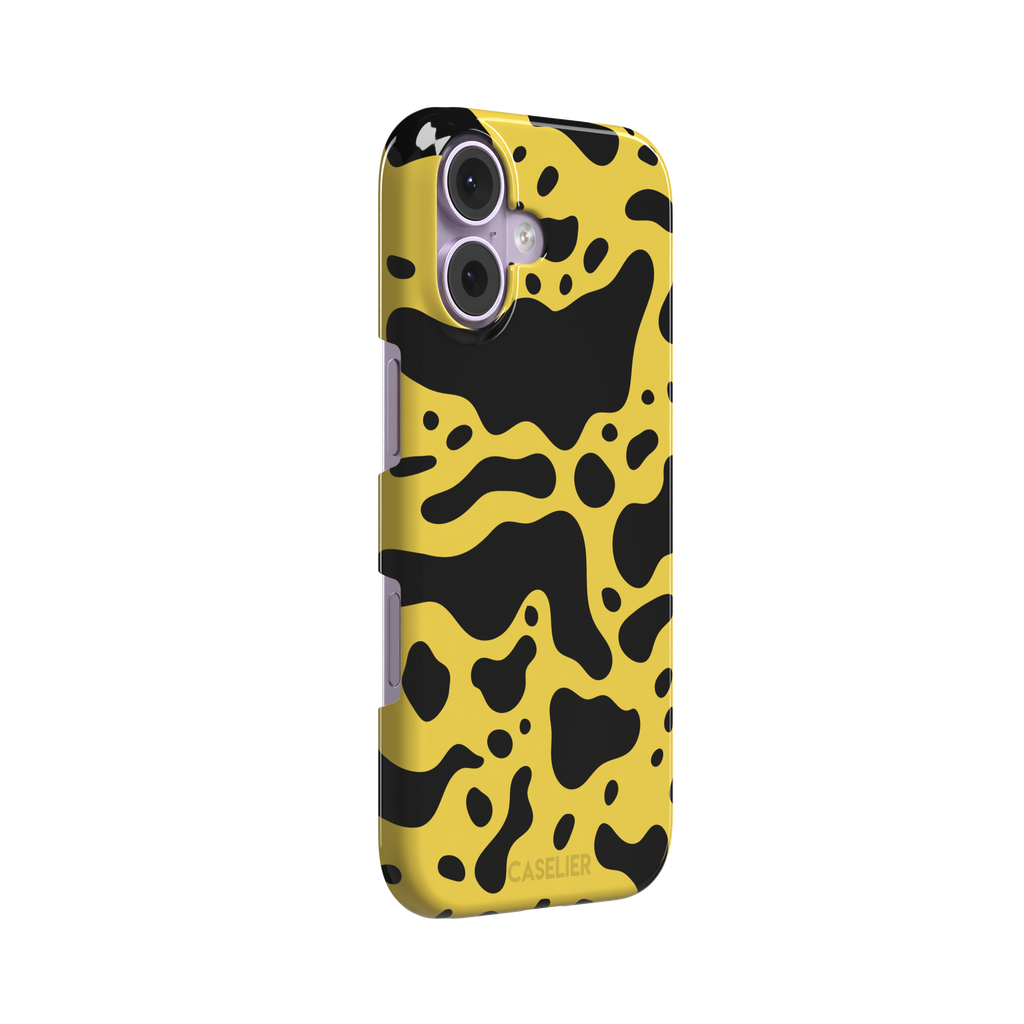 Frog phone case color variant in mustard yellow with large flowing black animal print patches, phone case by Caselier — snap case, left view