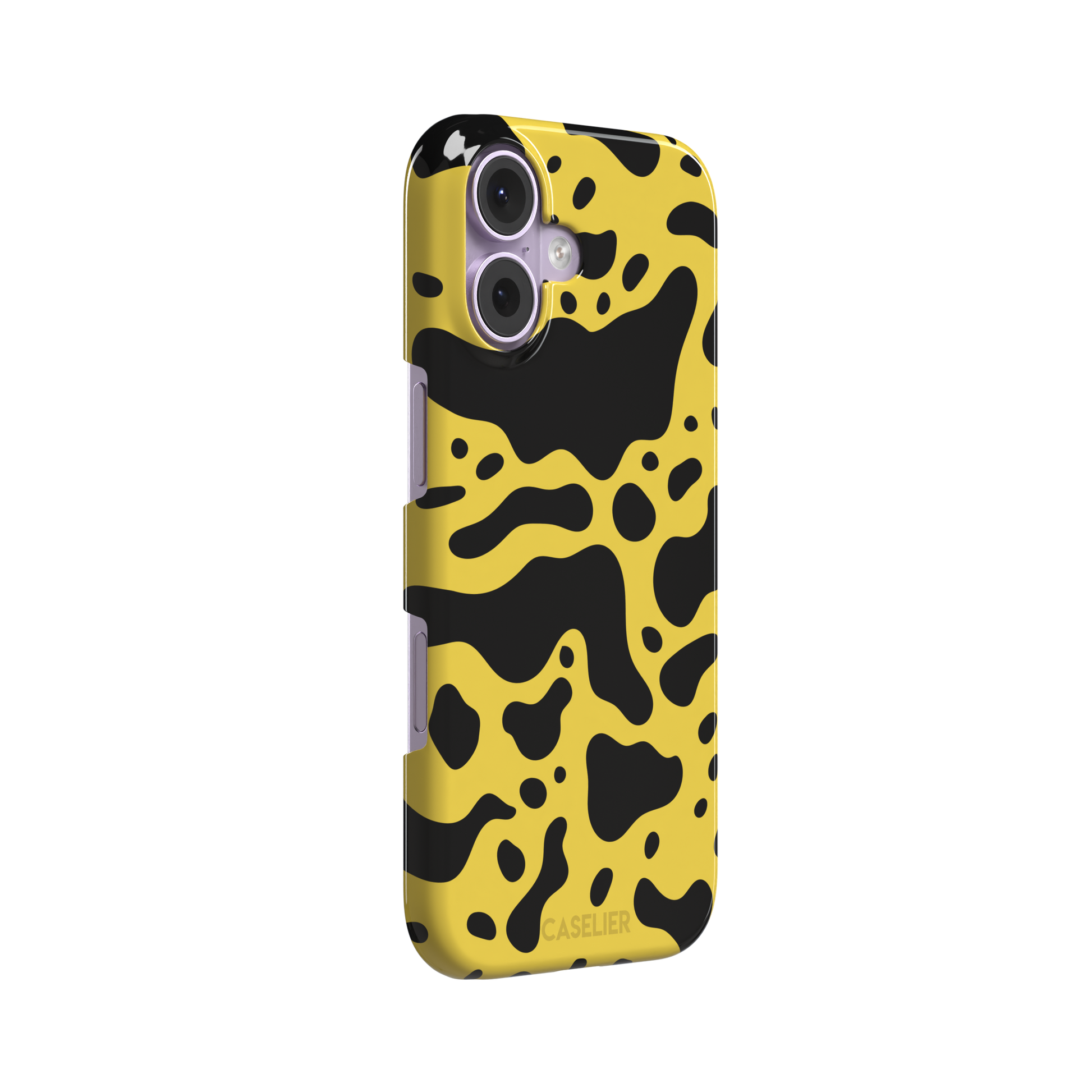 Frog phone case color variant in mustard yellow with large flowing black animal print patches, phone case by Caselier — snap case, left view